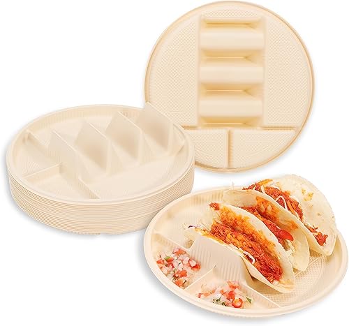 Miniatura 9 de 50 platos desechables pequeños para tacos para fiestas, soportes para tacos de almidón de maíz con 2 áreas de inmersión, capacidad para 2 tacos,