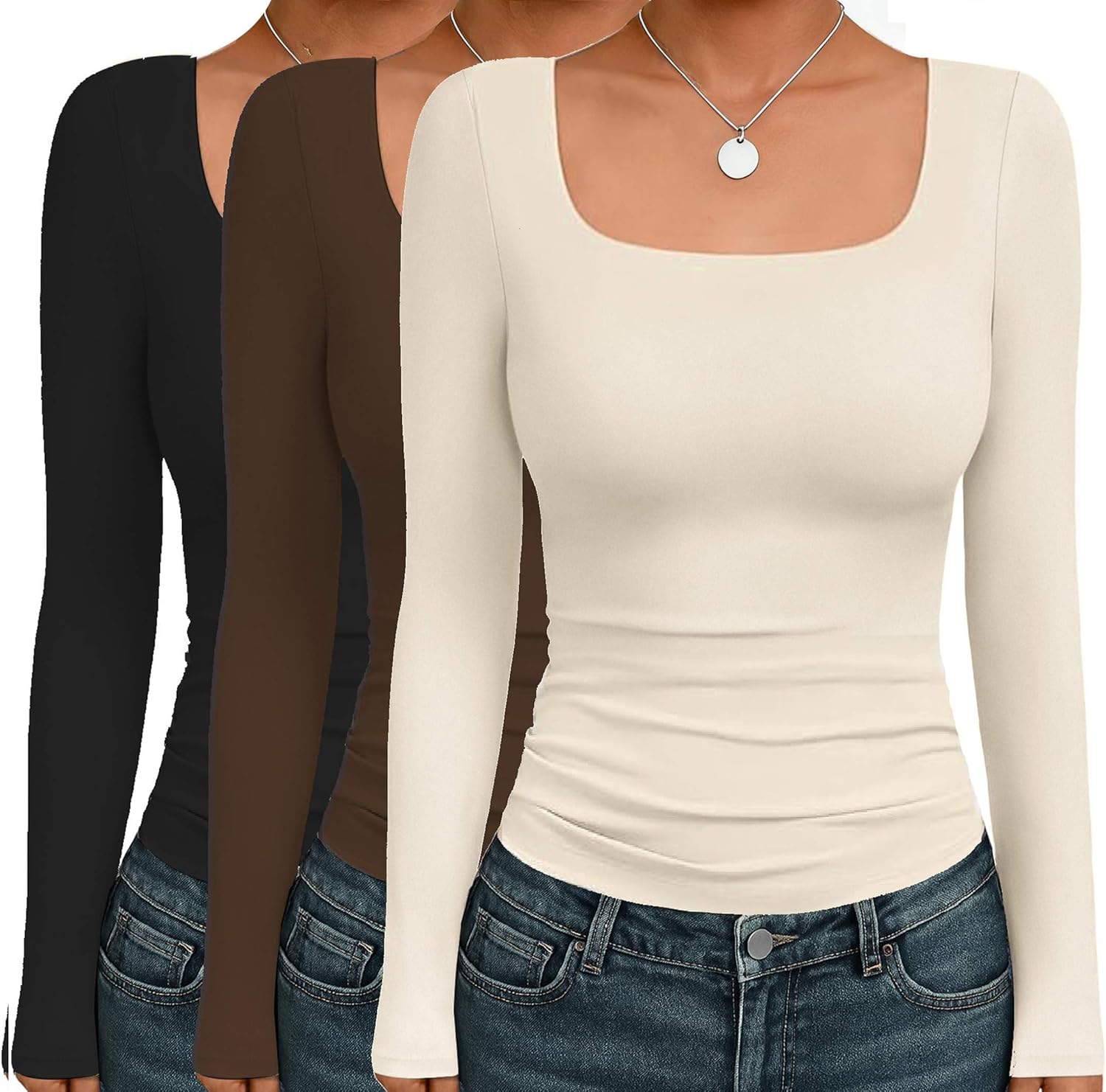 Ekouaer Womens 3 Pack Long Sleeve Shirts Square Neck Basic Tops Fitted Tee Thermal Undershirts XS-XXL