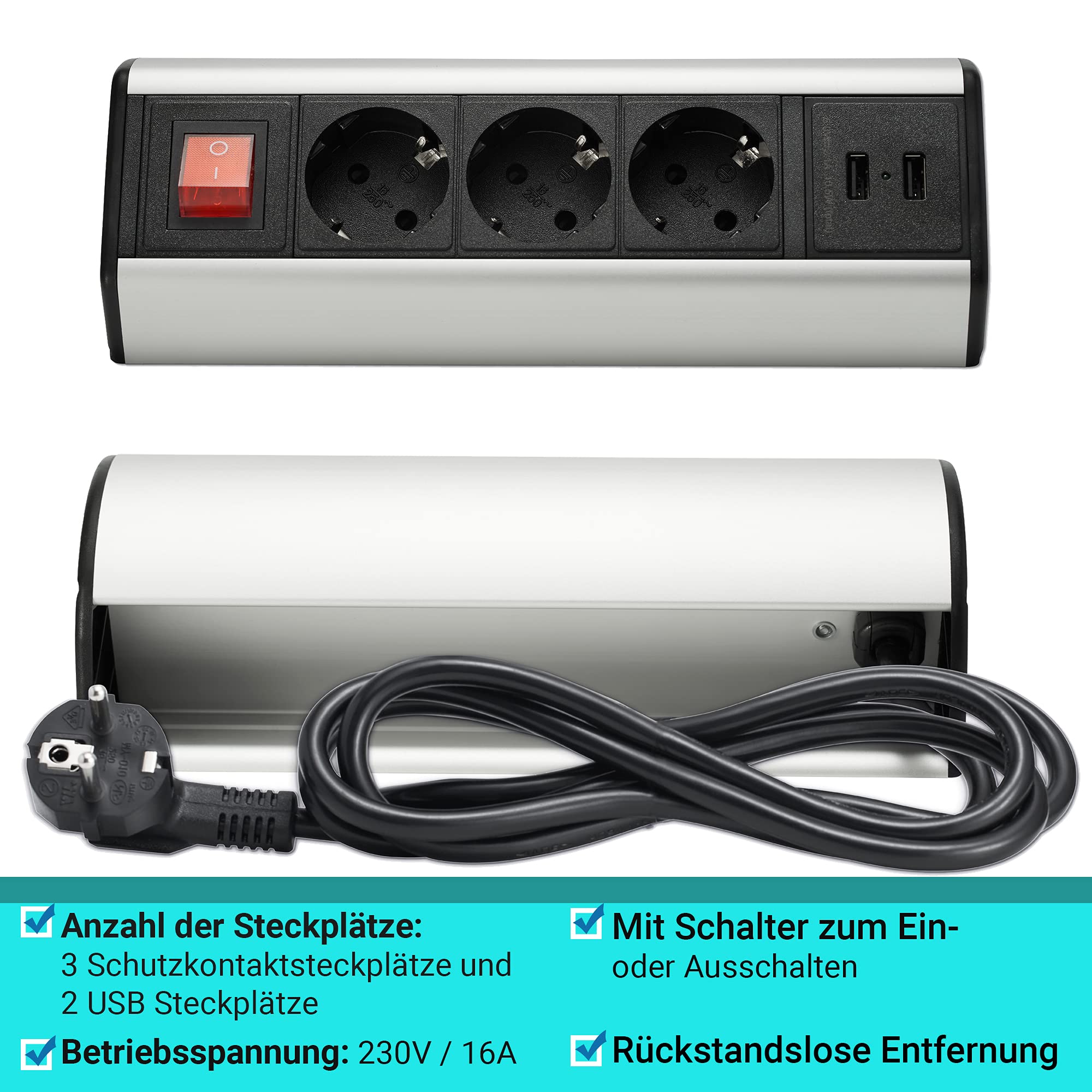 Mehrfach-Steckdose 3-fach & 2x USB mit 2M Kabel - Steckdosenleiste schaltbar als Schreib-Tischsteckdose und Steckdosenverteiler - Steckerleiste für Küche Büro Möbel mit einfacher Montage mit Schalter