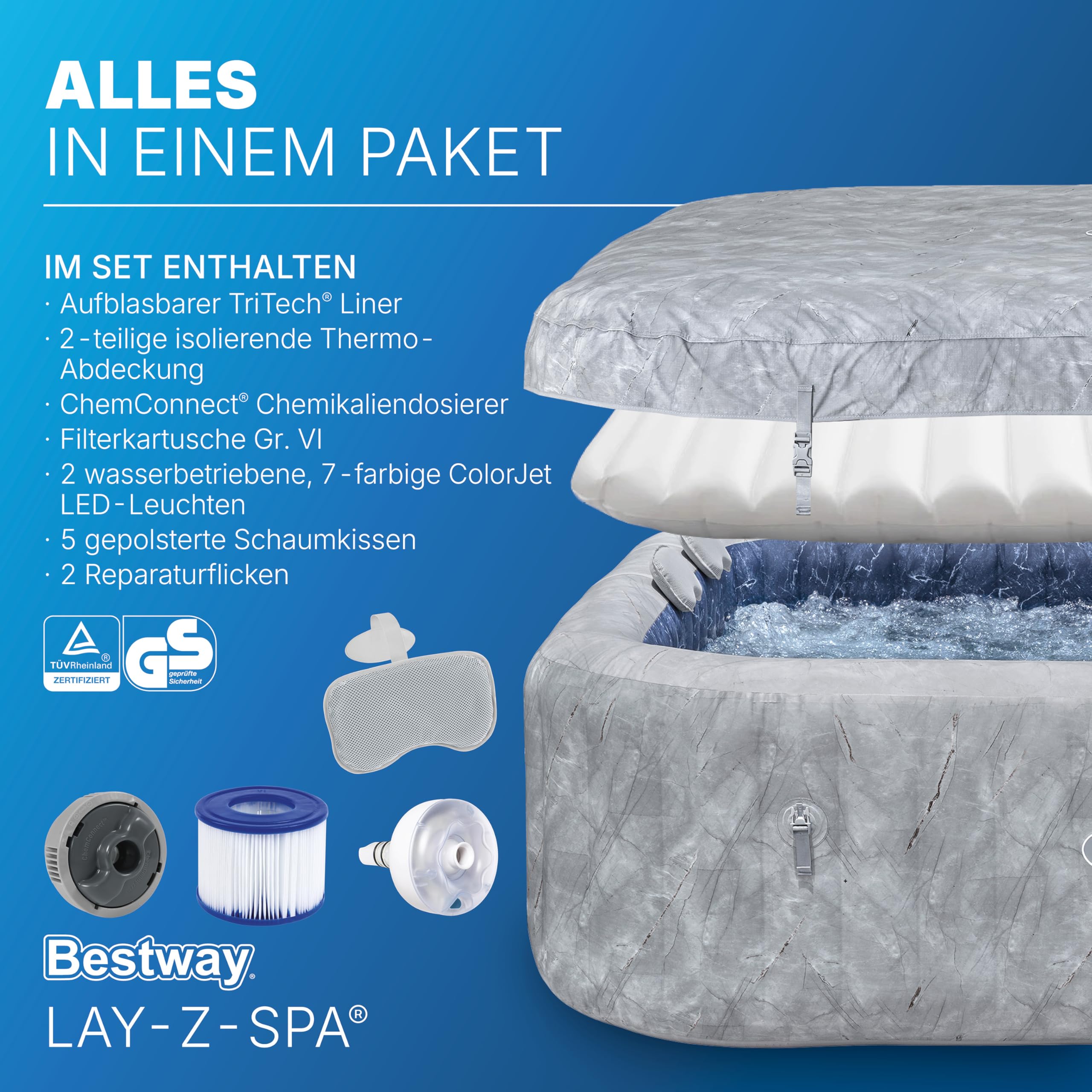 Bestway® Lay-Z-SPA® Energiespar-Whirlpool San Francisco HydroJet Pro™ mit App-Steuerung, für 7 Personen 230 x 230 x 71 cm, Marmor-Optik (Samtgrau)