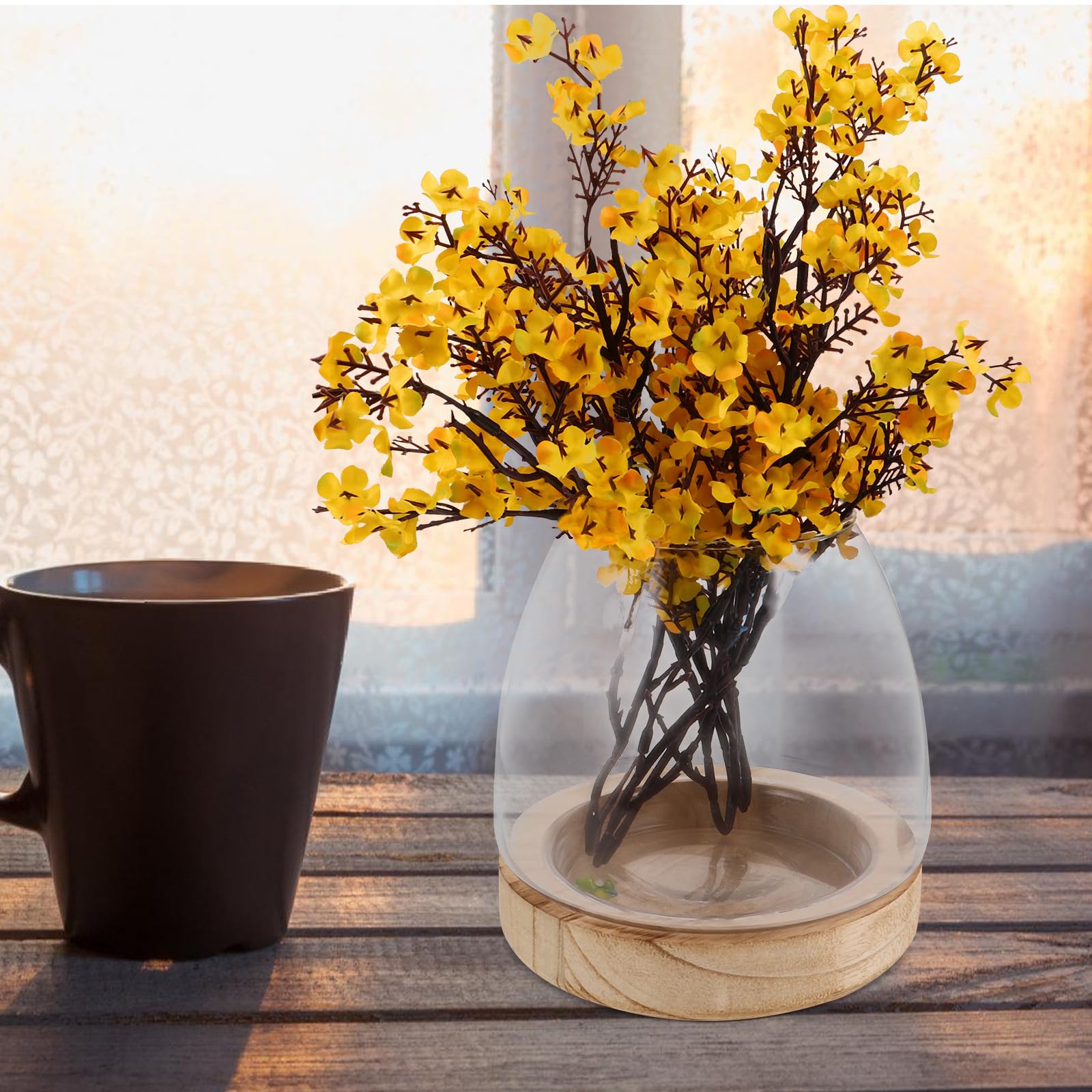 GLEAVI Vase en Verre Hydroponique avec Base en Bois, Station de Propagation pour Plantes et Herbes, Design Moderne et Élégant, Cuisine ou Comptoir