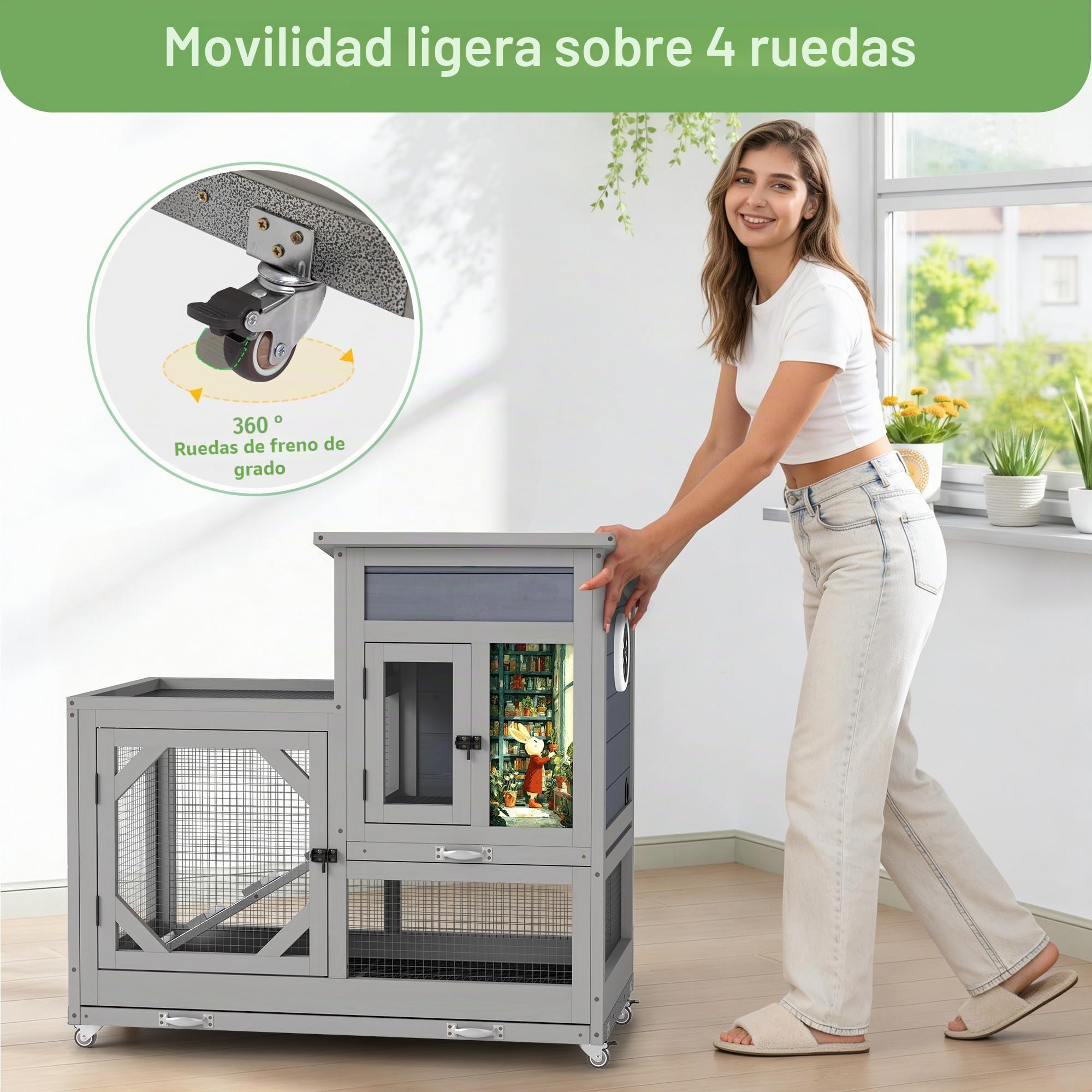 Jaula para conejos con área de juego al aire libre, de 2 pisos con ruedas, con gran cajón, techo de asfalto impermeable - Corral de madera para conejos afuera y adentro, para cobayas