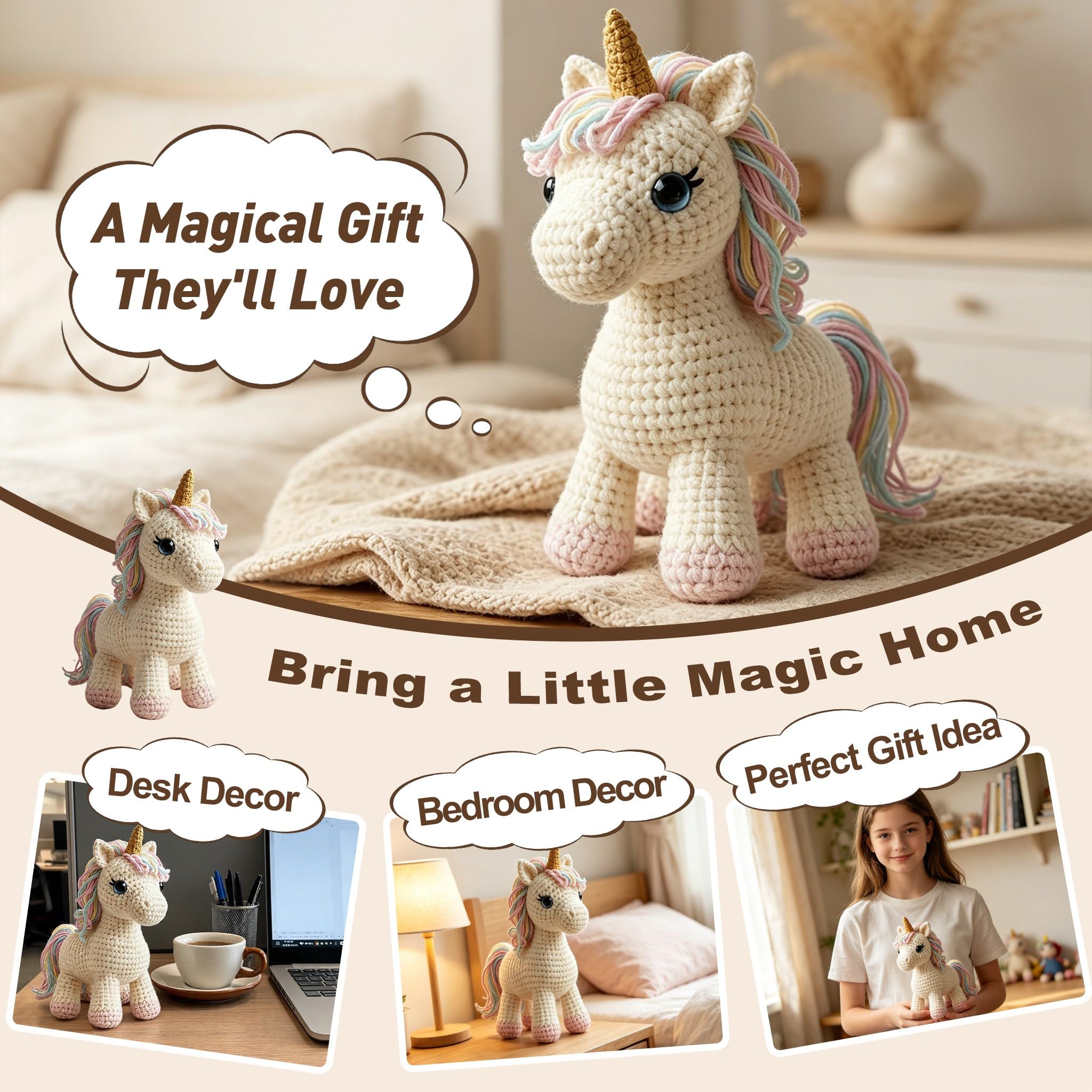 Morcolplus Kit de ganchillo de unicornio para principiantes y adultos, bonito kit de iniciación de ganchillo de unicornio amigurumi mágico con tutoriales en video y todos los materiales incluidos