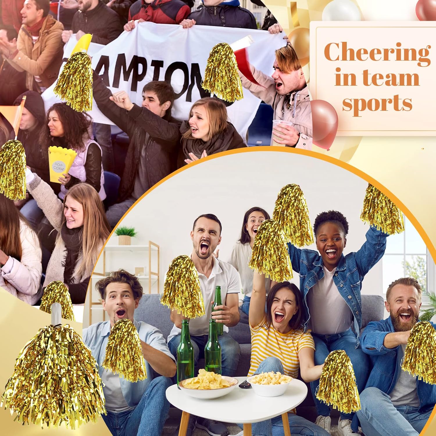 Leyndo 150 Pcs Pompoms Cheerleading Bulk Gold Metallic Foil Pom Poms with Baton Handle Cheerleader Pompoms for Sports Game Squads Dancing Party Football Basketball
