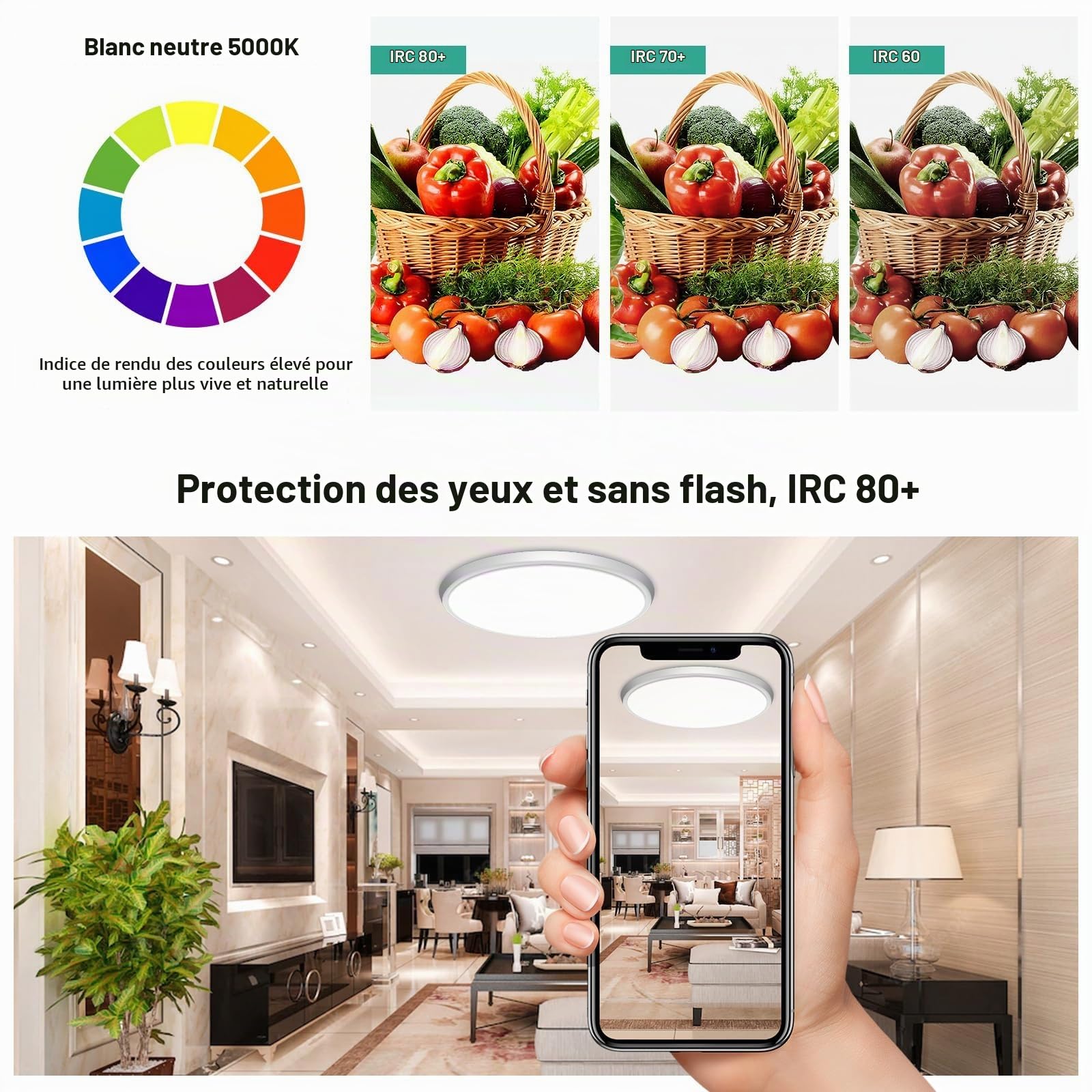 Lot de 4 plafonniers LED, ronds plats, 24 W 5000 K, éclairage LED pour salle de bain, chambre, salon, cuisine, sous-sol, balcon, ultra-fin, Ø 29 x H 2,5 cm