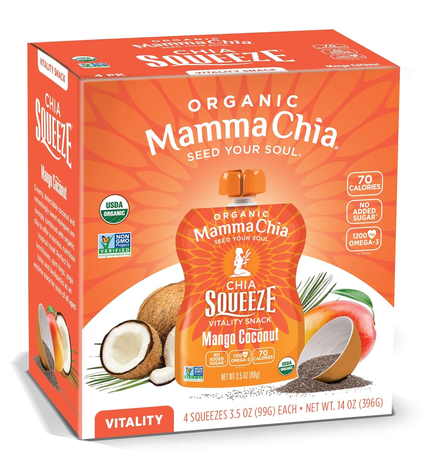 Mamma Chia Organic Vitality Squeeze Snack, Mango Coconut, 24- 3.5 Ounce Chia Squeeze Pouches, USDA Organic, Non-GMO, Vegan, Gluten Free, and Kosher. Fruit and Vegetables with only 70 Calories