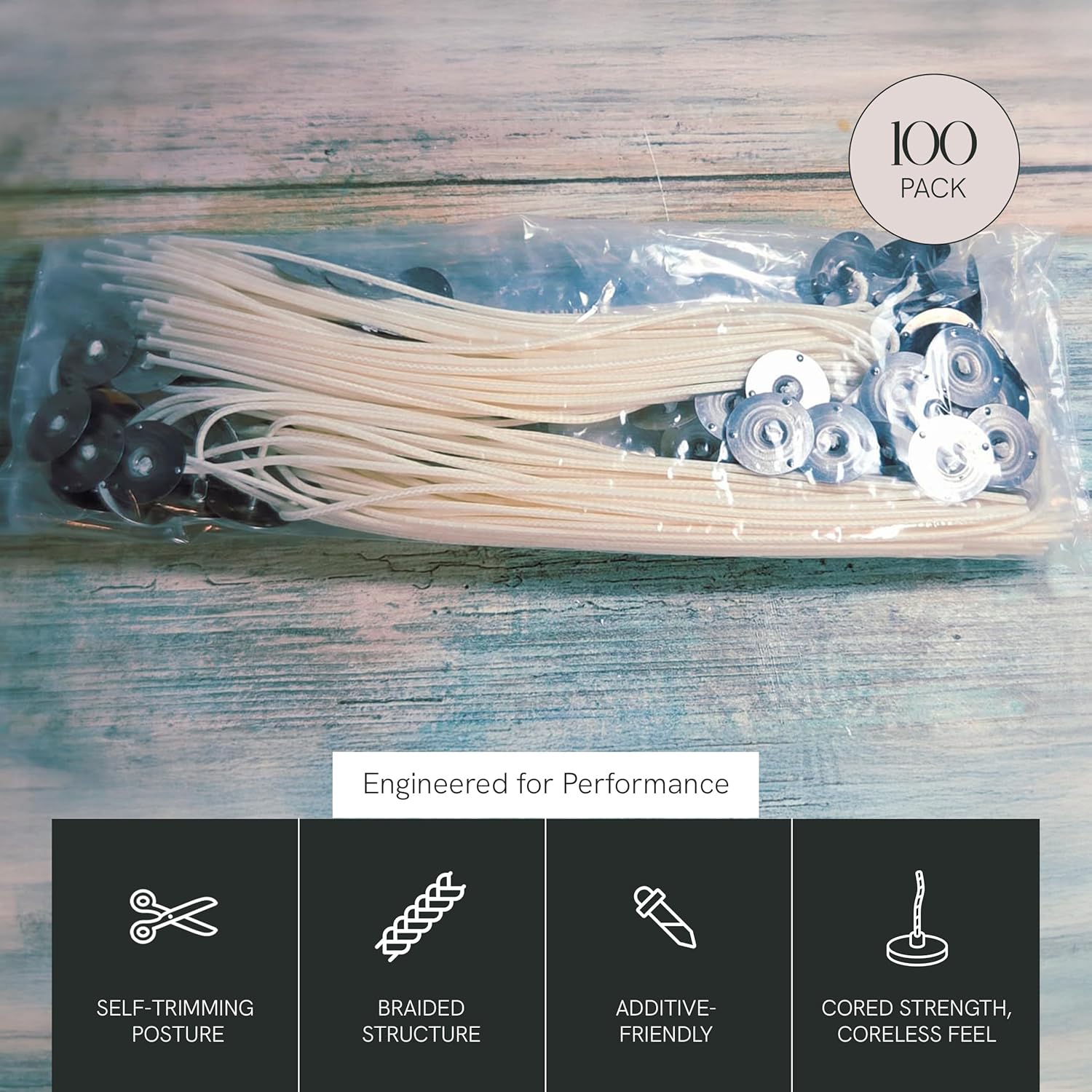 HTP-105 Candle Making Wicks, Pre-Tabbed, Rigid, Self-Trimming Wicks for Candlemaking, Works with Paraffin, Gel & Vegetable Wax, 6" Length, Pack of 100