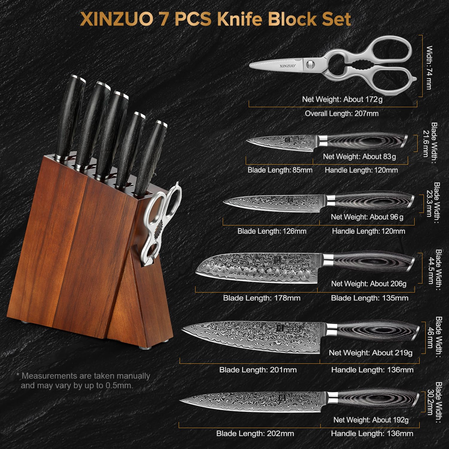 XINZUO Acciaio Damasco 7 Pezzi Set Coltelli con Ceppo Portacoltelli,Professionale Acciaio ad Alto Tenore di Carbonio Coltello da Chef Santoku Affettare Universali Frutta,Forbici da Cucina-Ya Serie