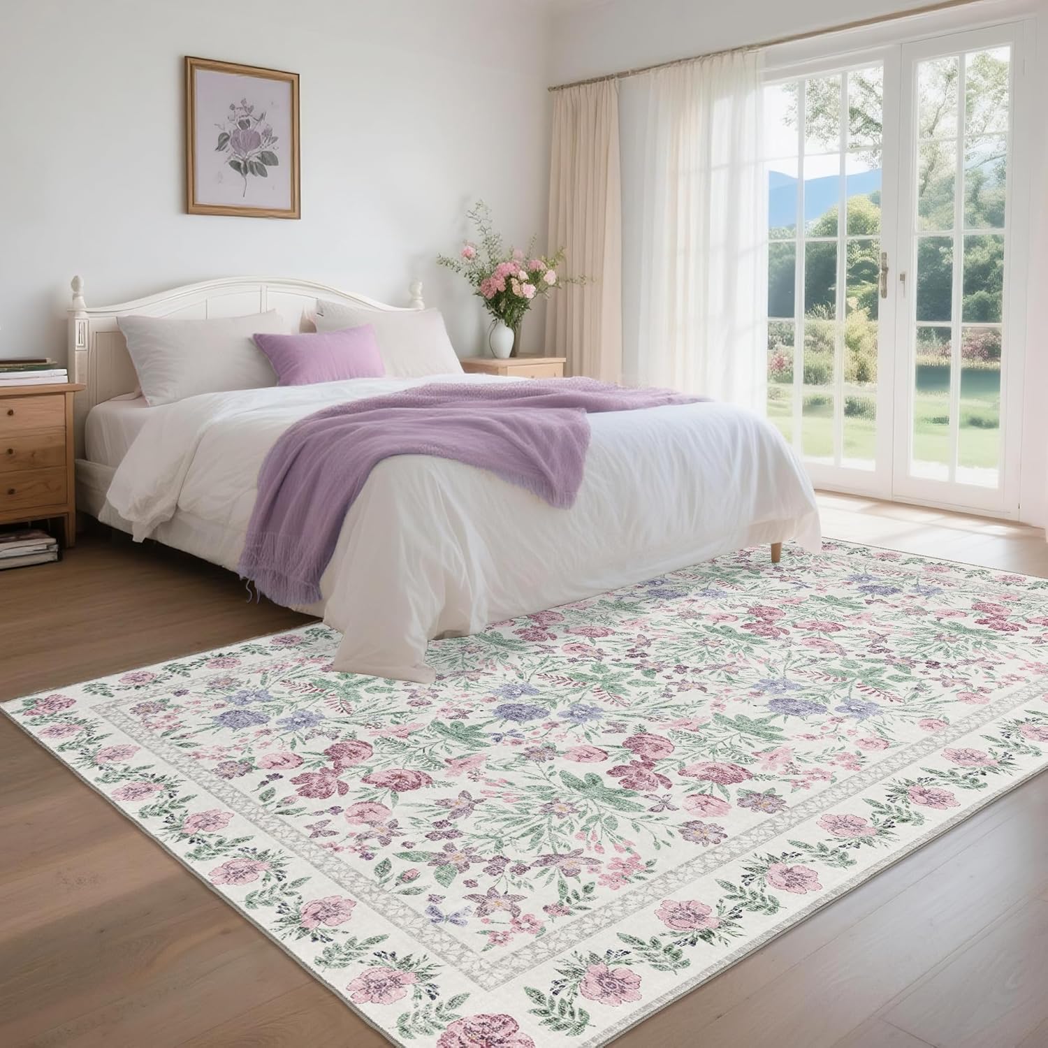Purple Rugs for Bedroom Girls: Floral 4x6 Washable Area Rug for Nursery Kids Room Living Room Boho Decor - Soft Non-Slip Non-Shedding Carpet