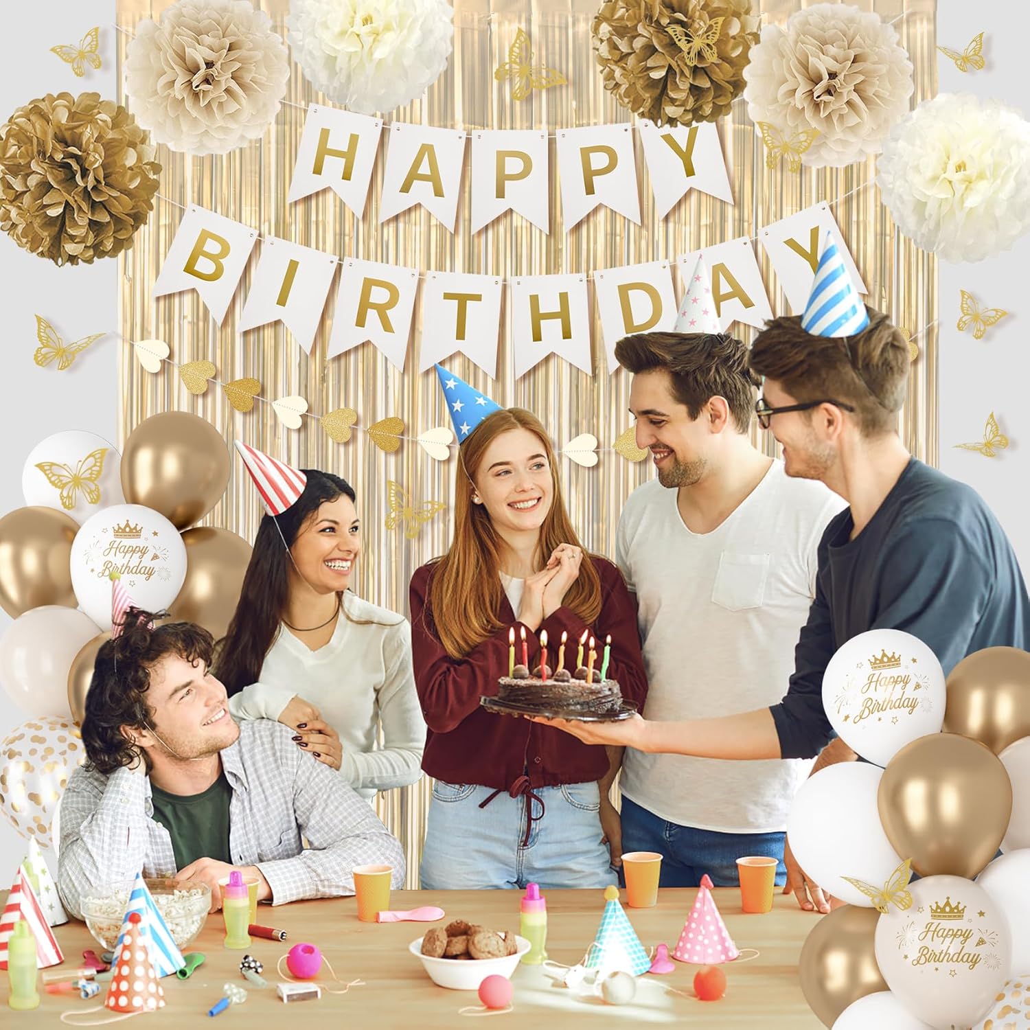 White and Gold Birthday Decorations for Women Girls, Gold White Sand Confetti Metallic Printed Balloon Butterfly Sticker Fringe Curtain Happy Birthday Banner Heart Garland Paper Pompom Party Supplies - Image 7