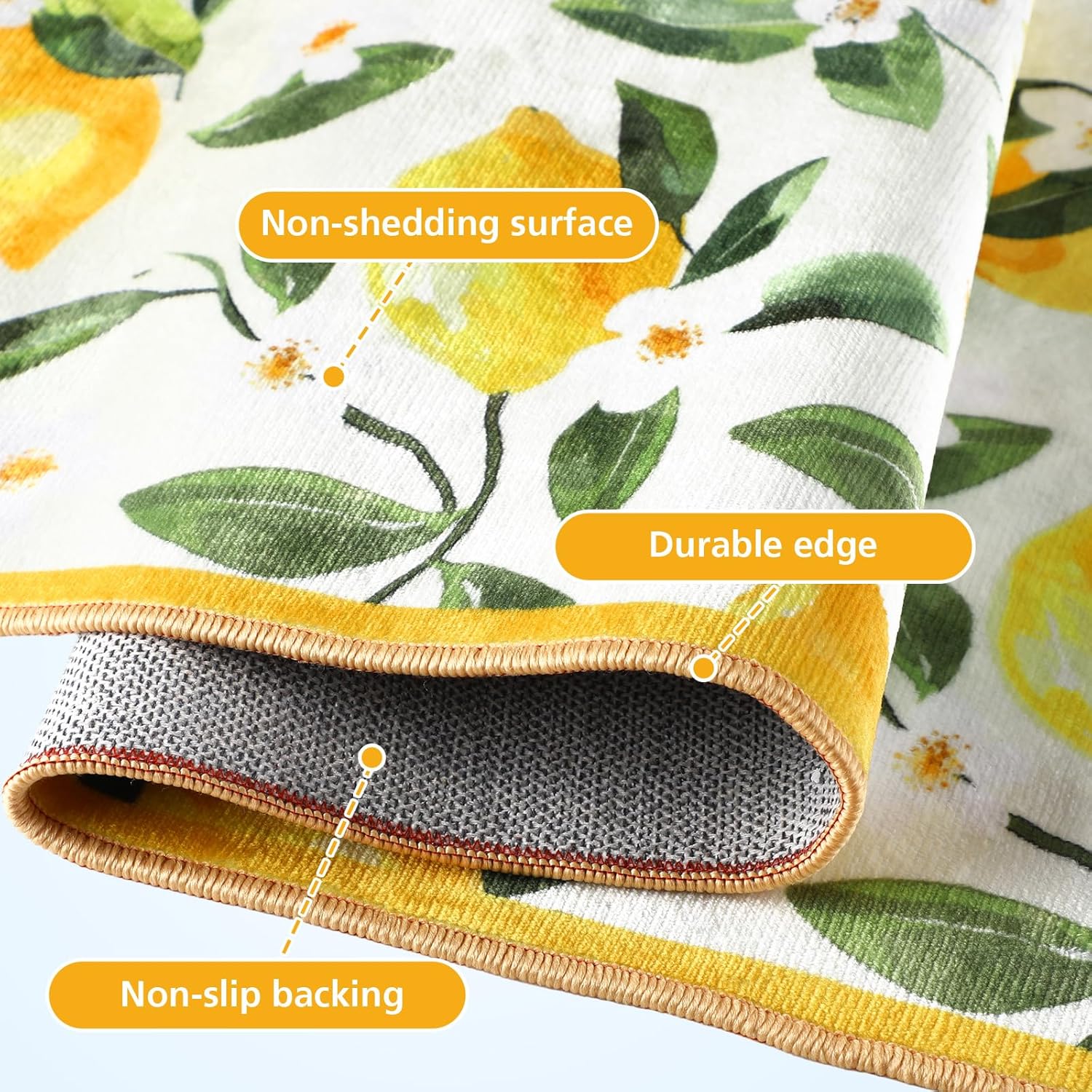 Sliner White 2 Pcs Lemon Kitchen Mats Lemon Kitchen Rugs for Floor Washable Soft Non Slip Carpet for Bathroom Sink Laundry Decor, 17" x 30" + 17" x 47"