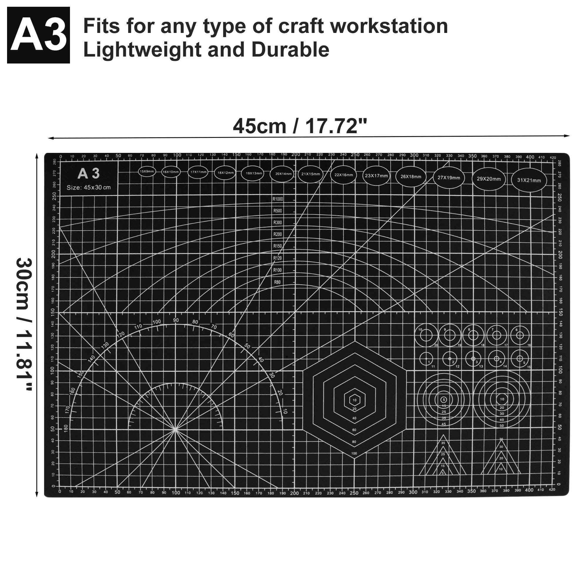 Planche De Découpe Auto-Cicatrisante, 45x30cm (A3) Double Face Planche Artisanale, Tapis De Découpe, Planche De Découpe Pour Couture Loisirs Créatifs Scrapbooking, Noir
