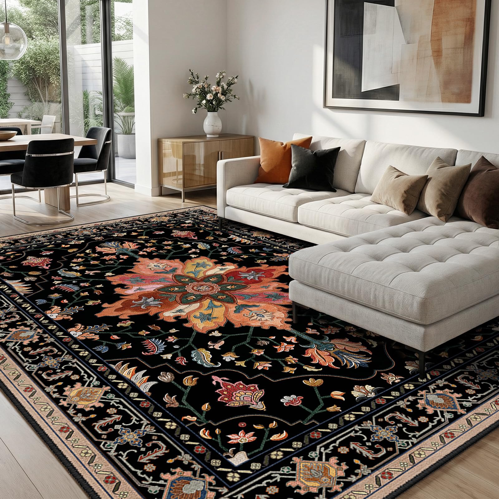 Area Rugs 8'x10' Washable Non-Slip, Floral Vintage Distress Print Pattern Medallion Carpet for Living Room Bedroom Dining Room, Black Colorful Floral Dark Tan