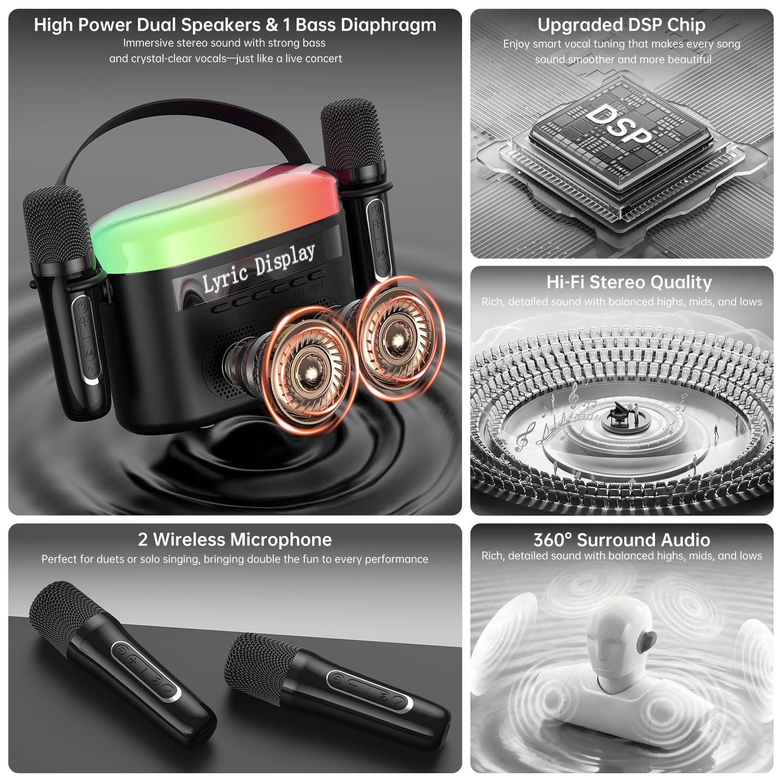 Mini macchina per karaoke per bambini e adulti, 2 microfoni wireless, luci LED Colortul, altoparlante Bluetooth portatile per esterni - Nero