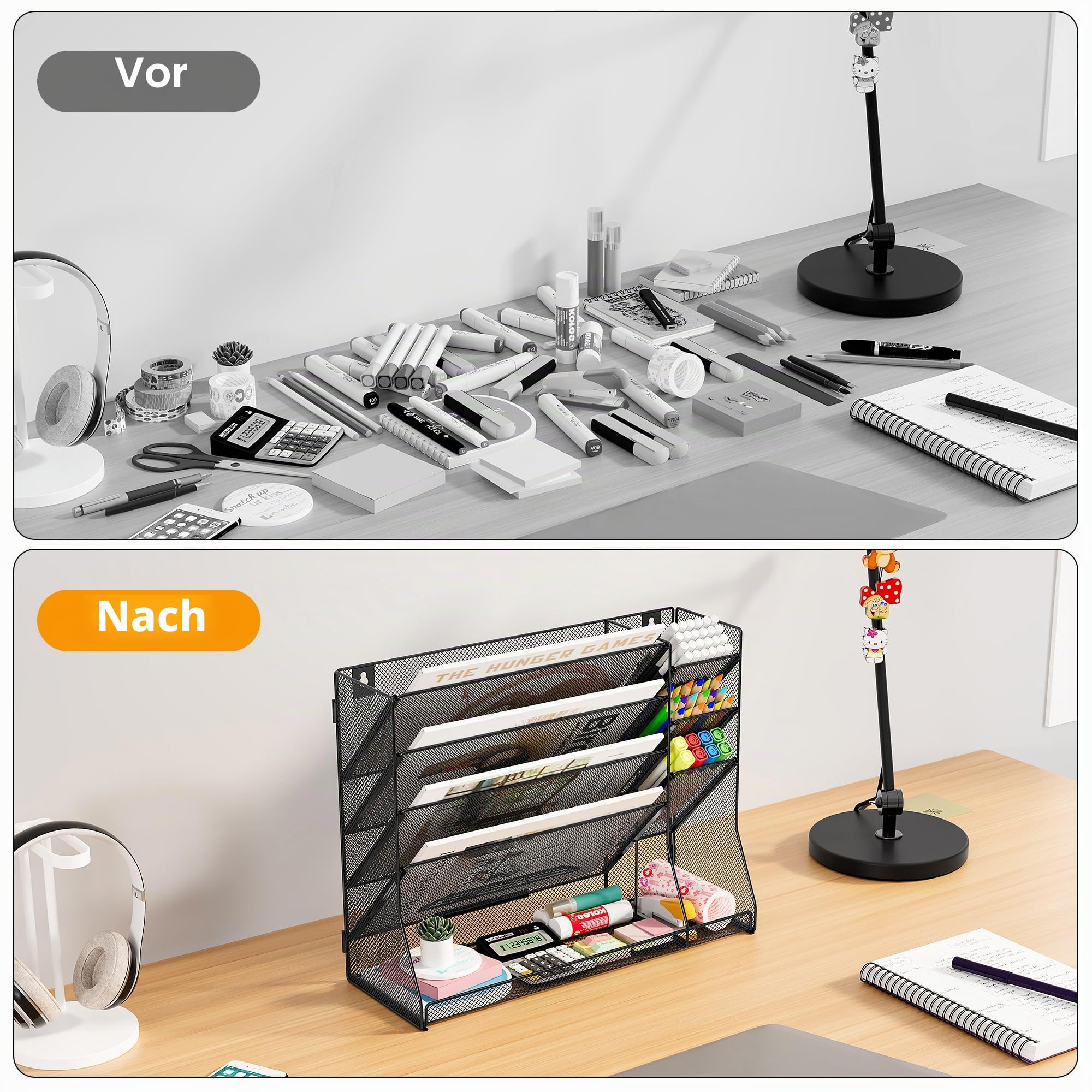 TQVAI 5 Fächer Metall Zeitschriftenhalter Wand Dokumenten Organizer mit 3 Stiftehalter A4 Papier Flyerhalter Postsortierer Dokumentenablage für Büro Zuhause Schule, Schwarz