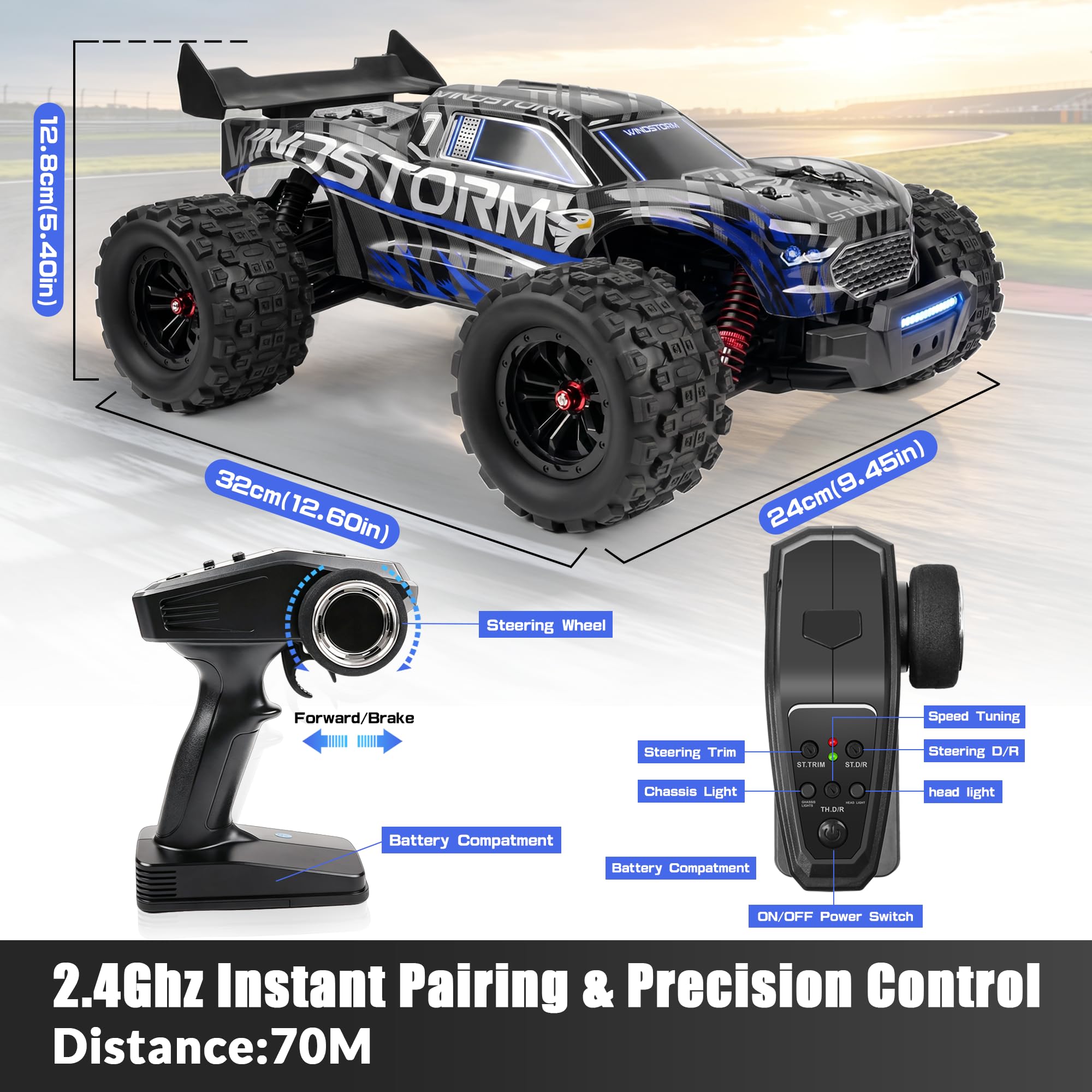 Coche Teledirigido - 1:14 Coche RC Vehículo Todoterreno Velocidad 40 km/h con Sistema de Transmisión Metálico 2,4GHz 4WD Coche 2 x 1500 mAh BateríAs Recargables dos juegos de ruedas NiñOs Y Adultos