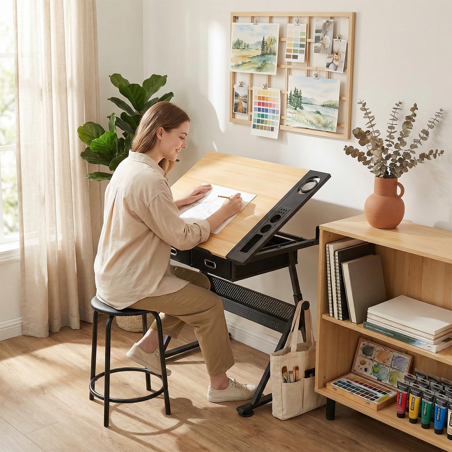 Magshion Tavolo da disegno professionale per adulti con sgabello, piano inclinabile in legno e altezza regolabile, scrivania per lavori artistici, pittura ad acquerello, schizzi, postazione di lavoro