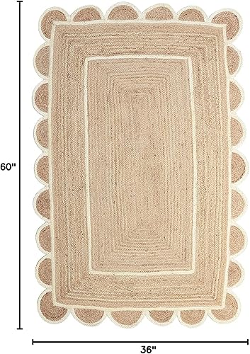 Miniatura 2 de Alfombra bohemia de yute de 3 x 5 pies, patrón festoneado natural para decoración del hogar, artículo para sala de estar, pasillos, dormitorio y