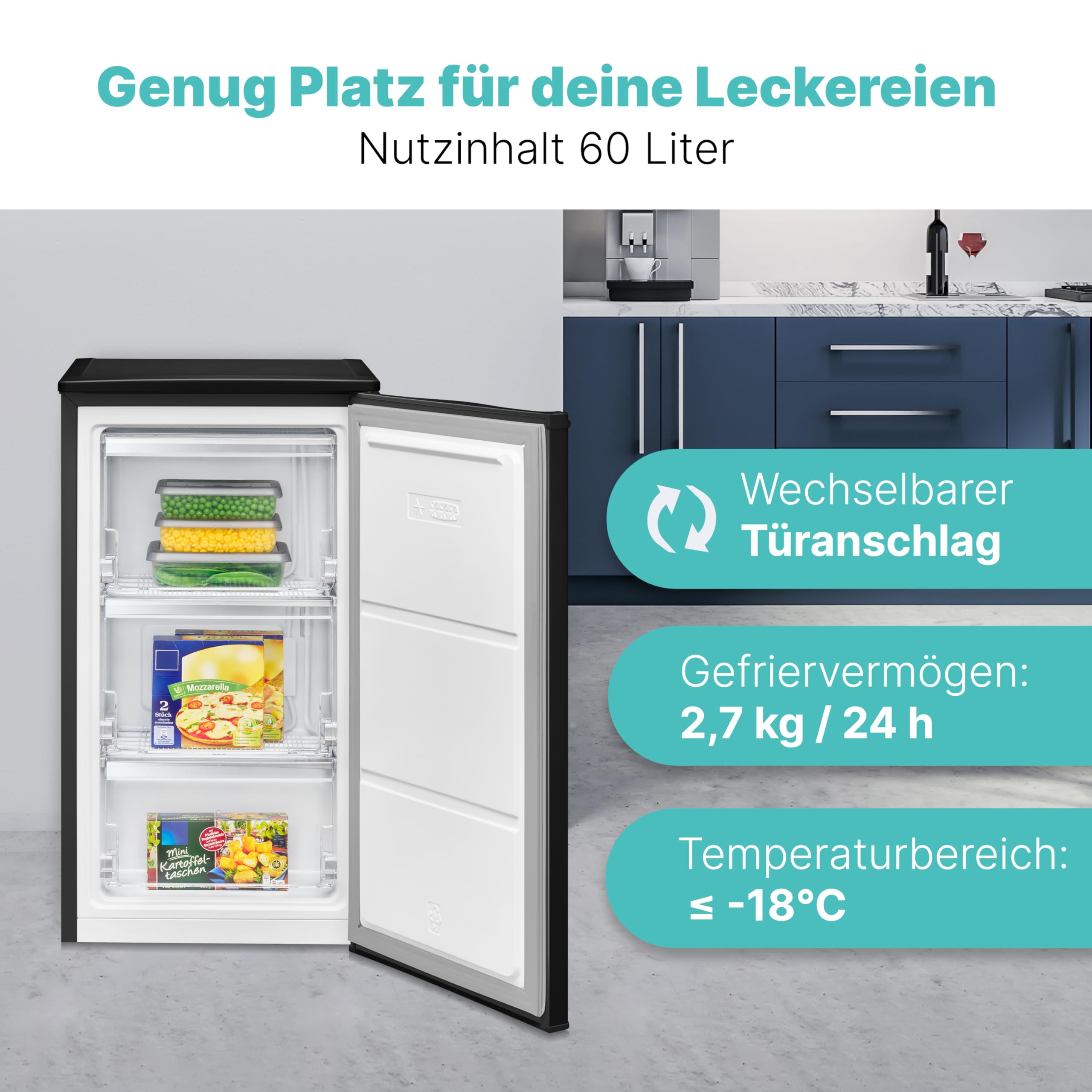 Bomann® Gefrierschrank klein | 4 Sterne-Gefrierfach | Tiefkühlschrank 3 Fächer | leise | ≤ -18°C | Türanschlag wechselbar | 60L Mini Freezer | kleiner Gefrierschrank | GS 7256 schwarz