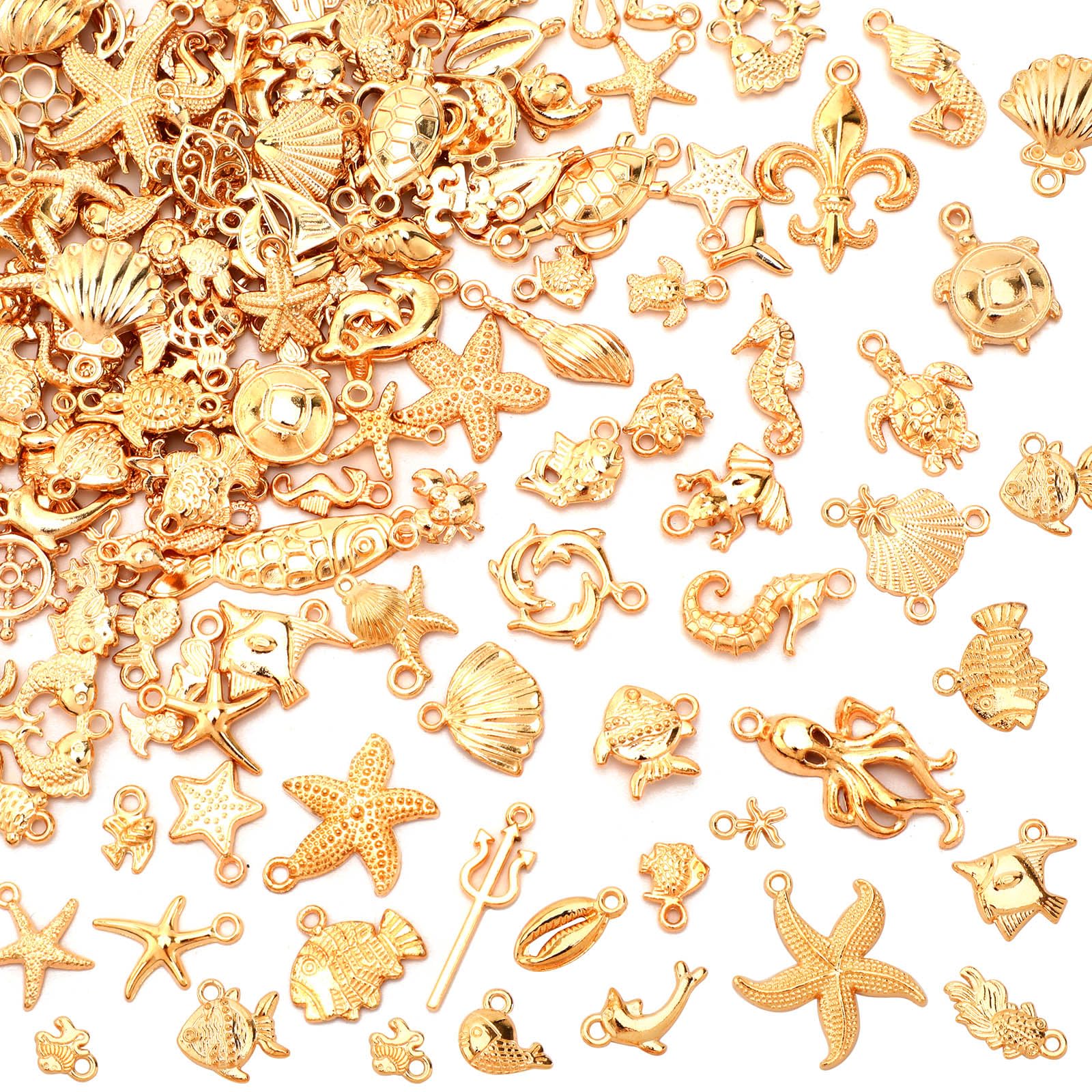 MARFOREVER120 PCS Summer Beach Charms for Jewelry Making, Assorted KC Gold Ocean Life Sea Animal Charm Pendants Starfish Seashell Conch Charms for DIY Bracelet Necklace Earrings Making Crafting