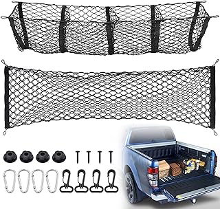 TOBWOLF 1PCS 130x38cm Truck Bed Cargo Net & 1PCS 120x30cm 4 Pocket Trunk Net Organizer, Stretchable Trunk Mesh Cargo Net with Hooks Screws Buttonholes, Mesh Net Trunk Bag Grocery Storage Net for Trunk