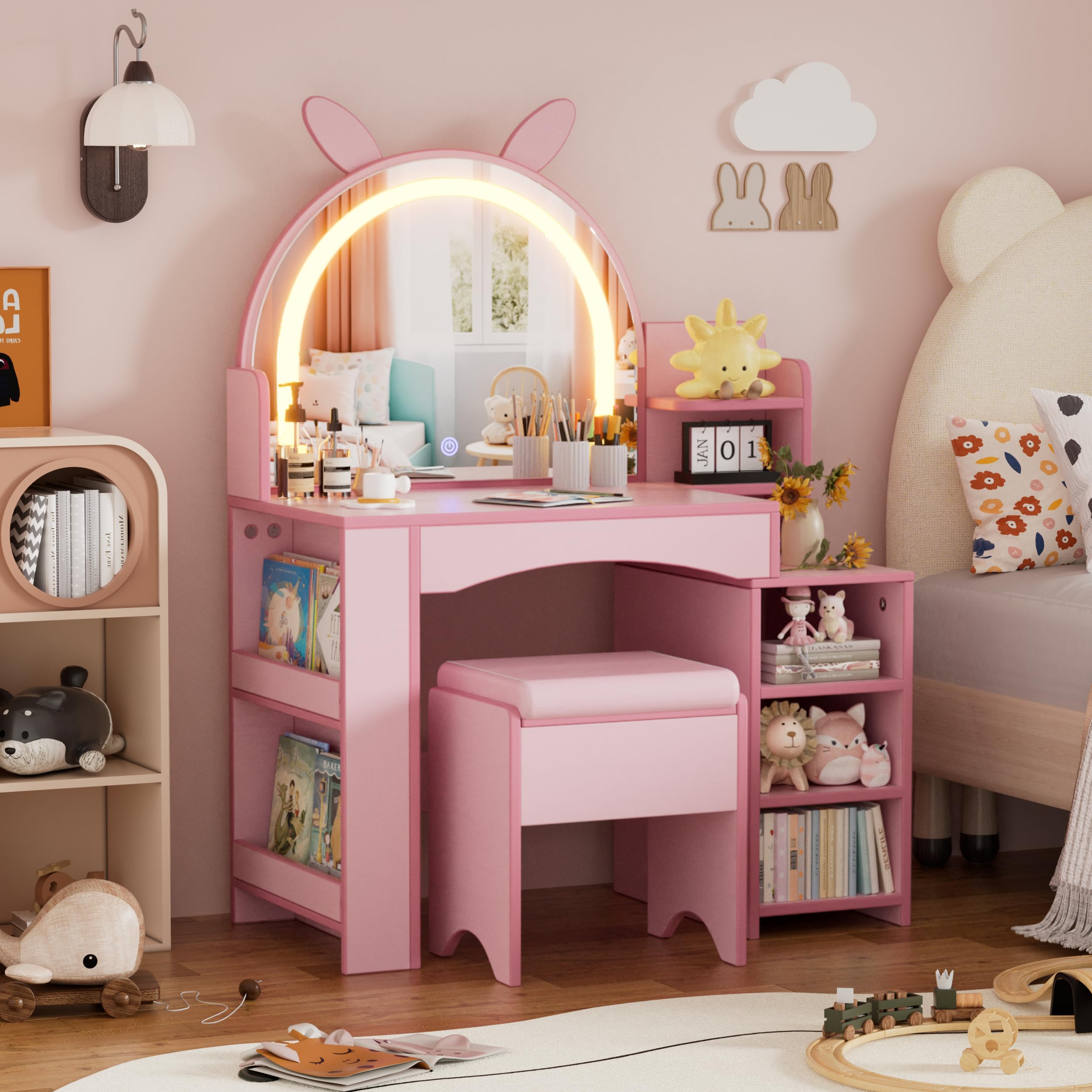 MSFE Mesa de Maquillaje con Espejo y luz LED para Niñas 3 en 1 Tocador Infantil de Madera Tocador de Mesa y Taburete de Princesa con Estante Abierto Centro de Belleza Tocador para niñas 8 años+, Rosa