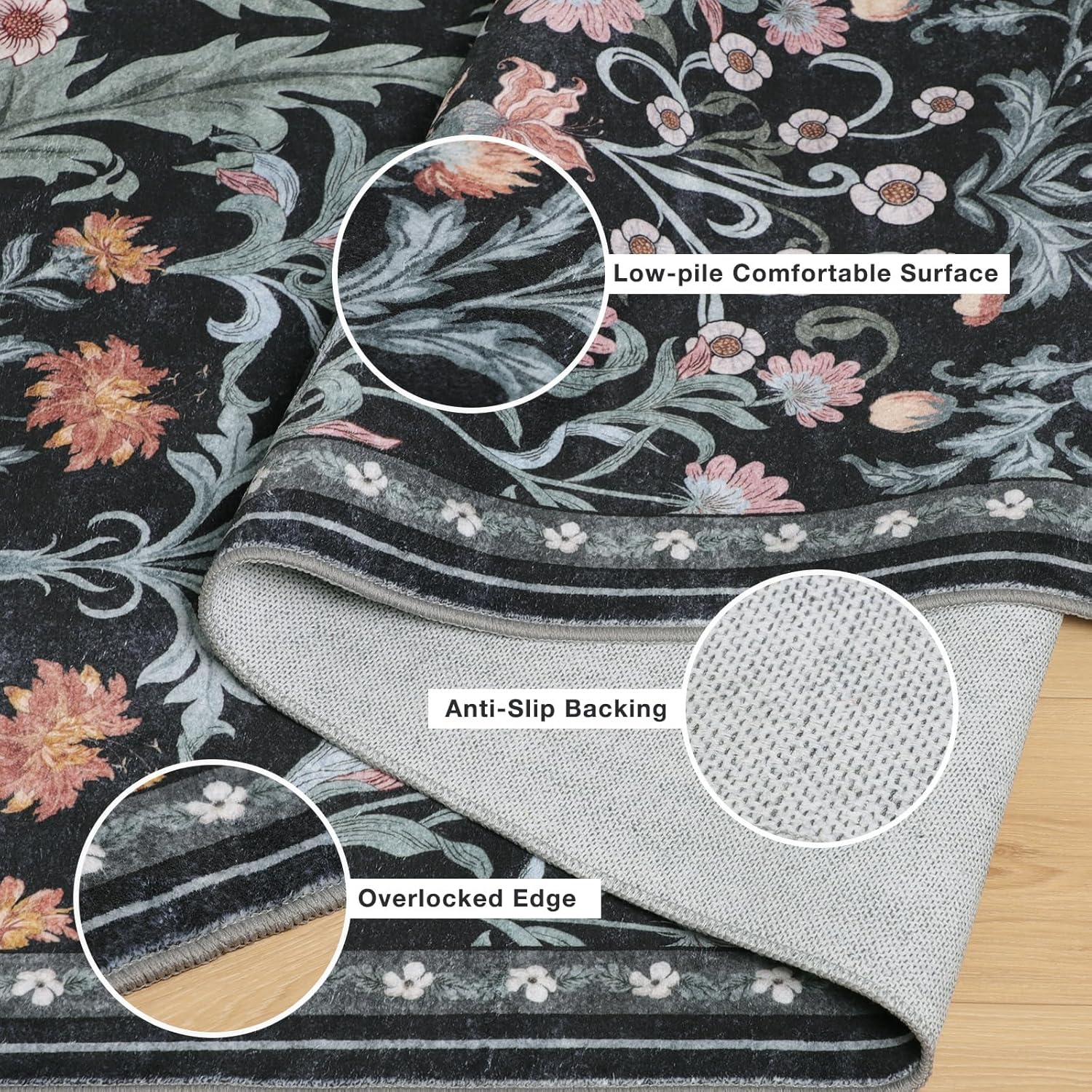 FUNAMT Floral Area Rug for Living Room, 5x7 Washable Rug Non Slip Boho Soft Carpet for Indoor, Stain Resistant Low Pile Vintage Rug for Bedroom Dining Room Farmhouse Hallway Home Office, Dark Blue