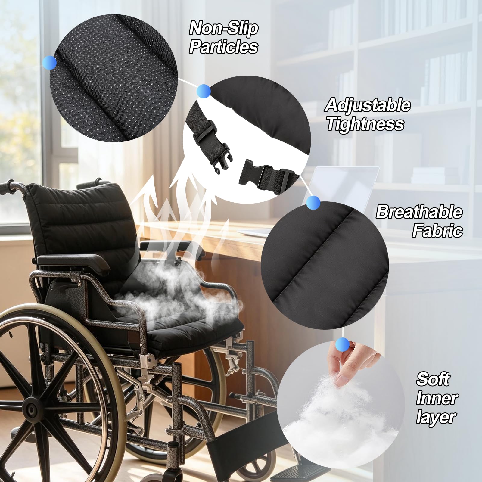 Cuscino completo per sedia a rotelle Cuscino per sedile per sedia a rotelle con cinghie Cuscino reclinabile regolabile adatto a diverse sedie a rotelle