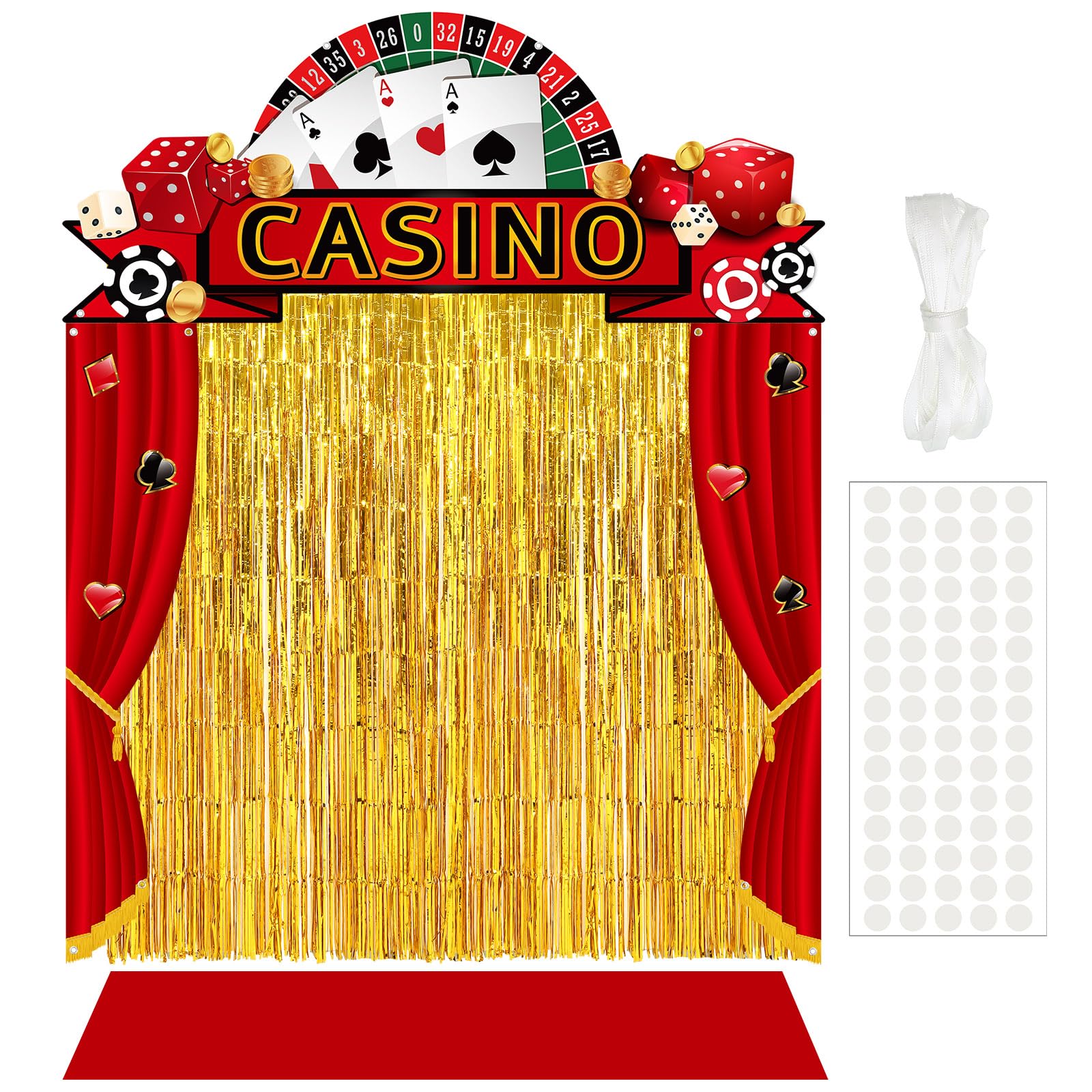 VitalCozy 7pcs Casino Party Decorations Casino Night Party Porch Banners Red Rug Gold Foil Fringe Backdrop Curtains for Las Vegas Poker Dice Birthday