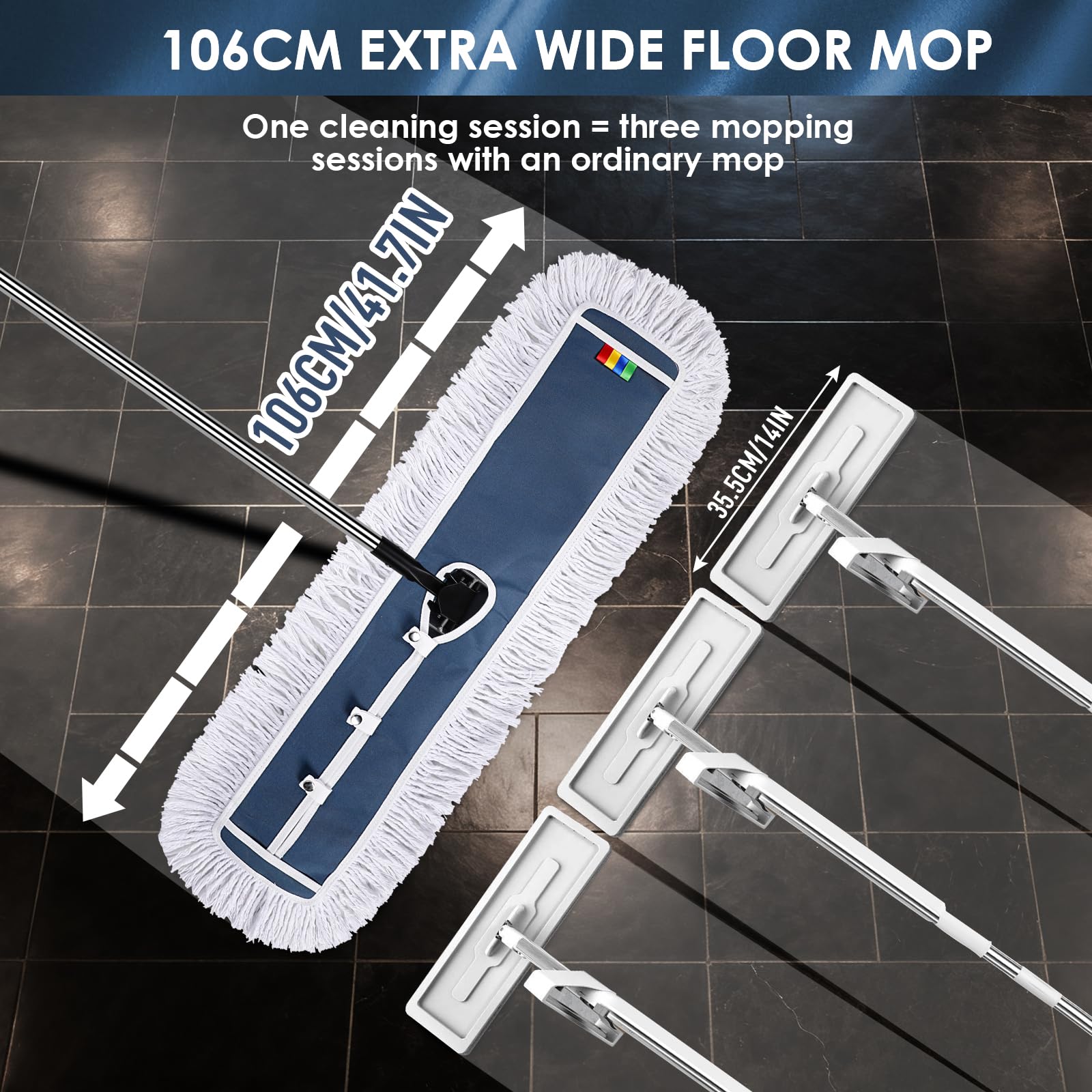 OZD Mocio industriale, largo 105 cm, resistente, con cuscinetti in microfibra e cotone riutilizzabili, per pavimenti duri, laminati e piastrelle, girevole a 360°, per uffici, hotel, garage, ospedali