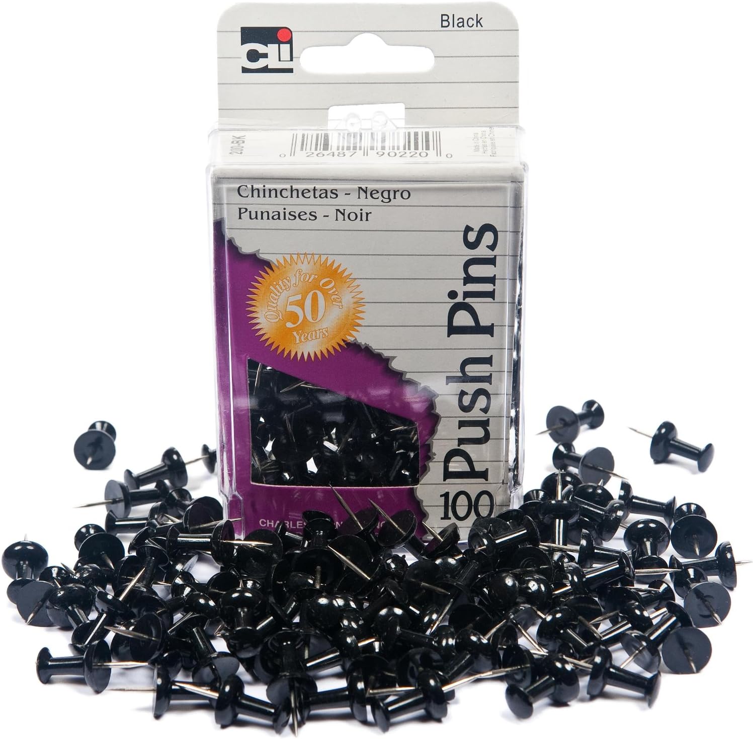 Charles Leonard Push Pins, Black, 100-Pack (200-BK)