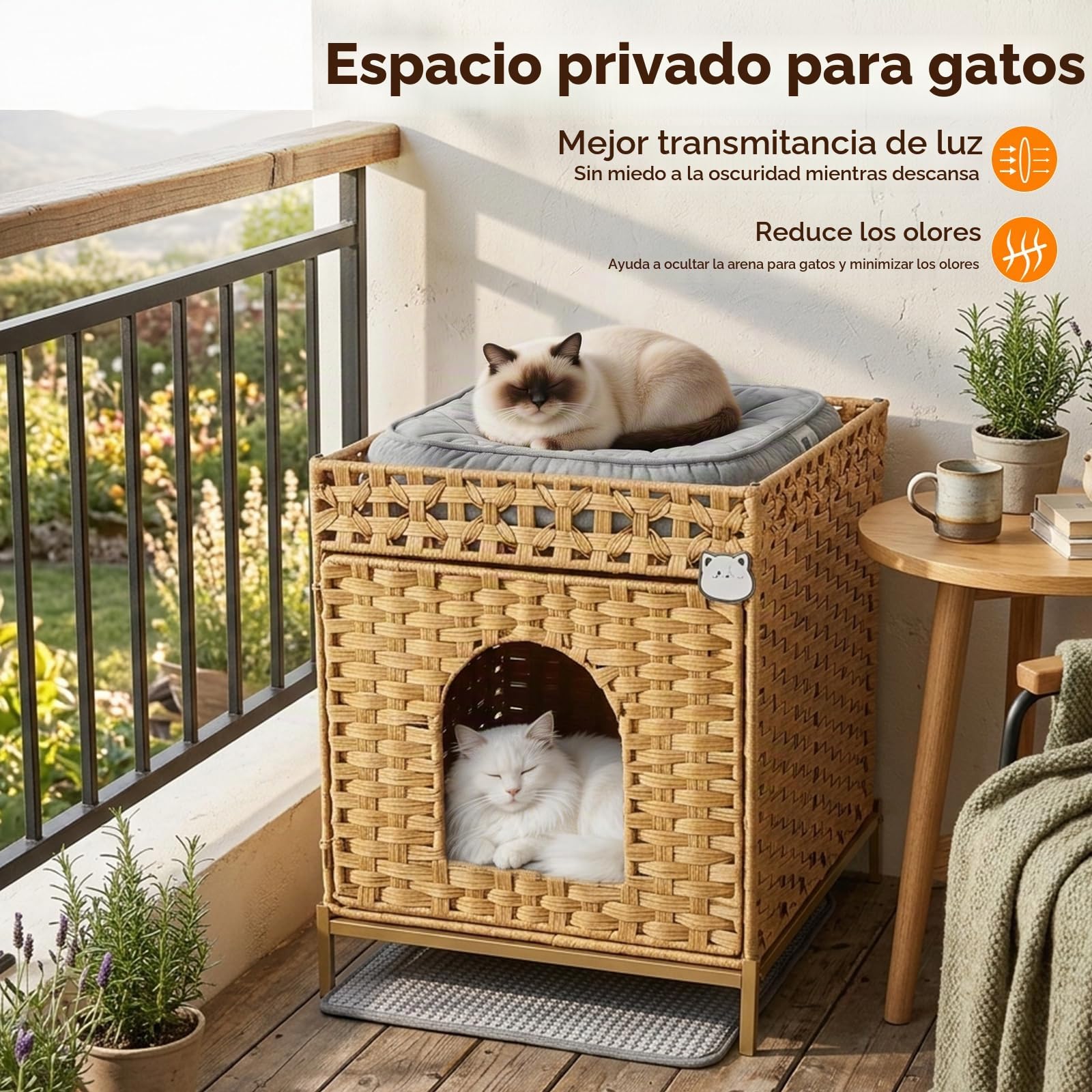 Caja De Arena para Gatos, Casa para Gatos Tejida A Mano En PE RattáN con Alfombra Y Ganchos S, Mueble De Caja De Arena Oculta para Sala, Dormitorio Y BalcóN, 47X52X59 Cm, Natural