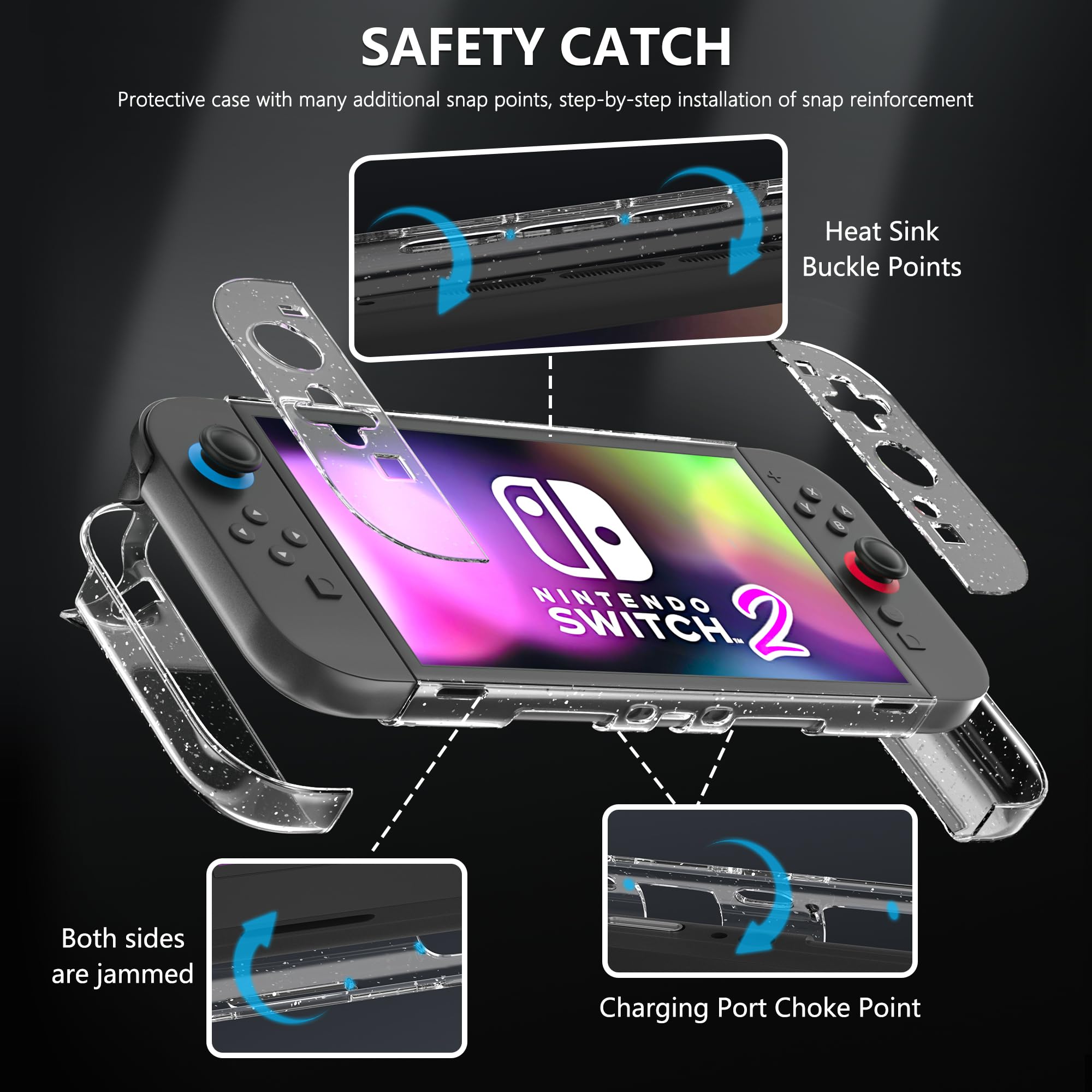 FANPL Custodia trasparente glitterata per Nintendo Switch 2 (2025), custodia protettiva agganciabile per Switch 2 e controller Joy Con con pellicola protettiva per lo schermo, 4 tappi per pollice