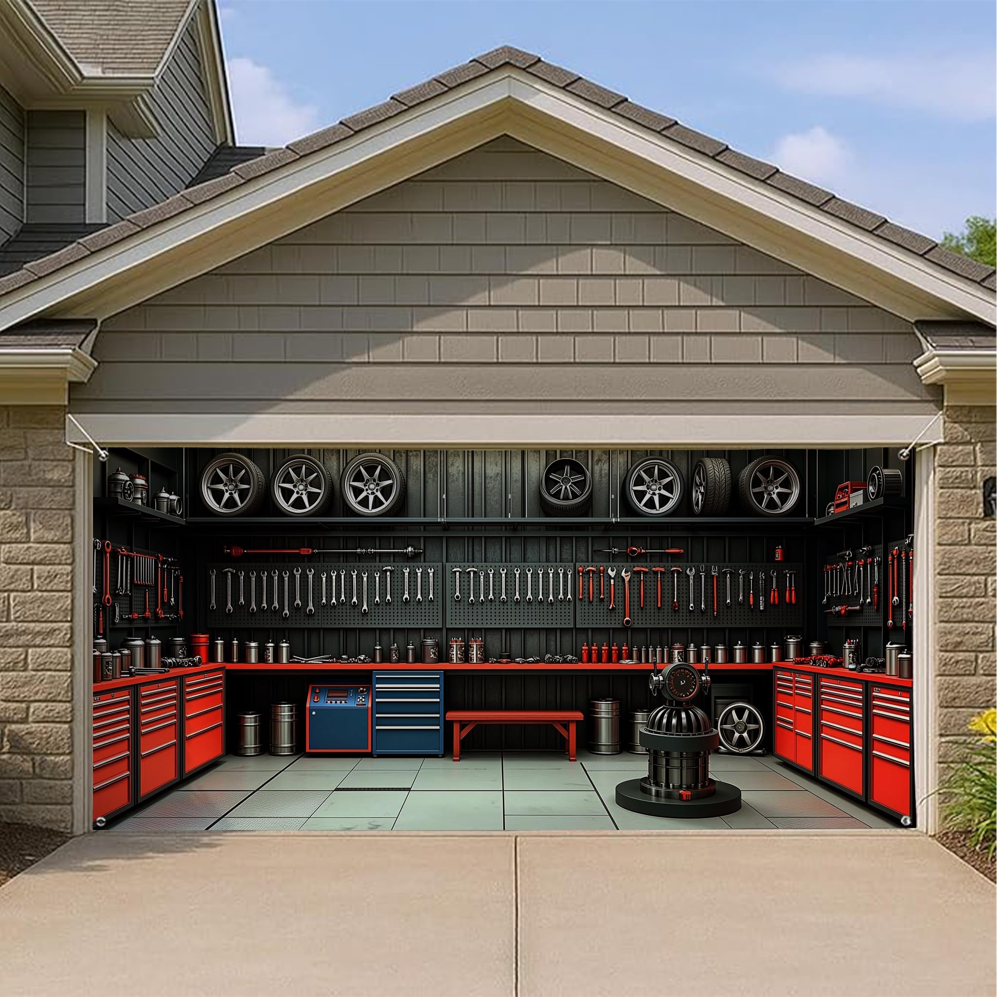 Housse de porte de garage rouge 400x180 cm, décoration de garage au design d'atelier industriel