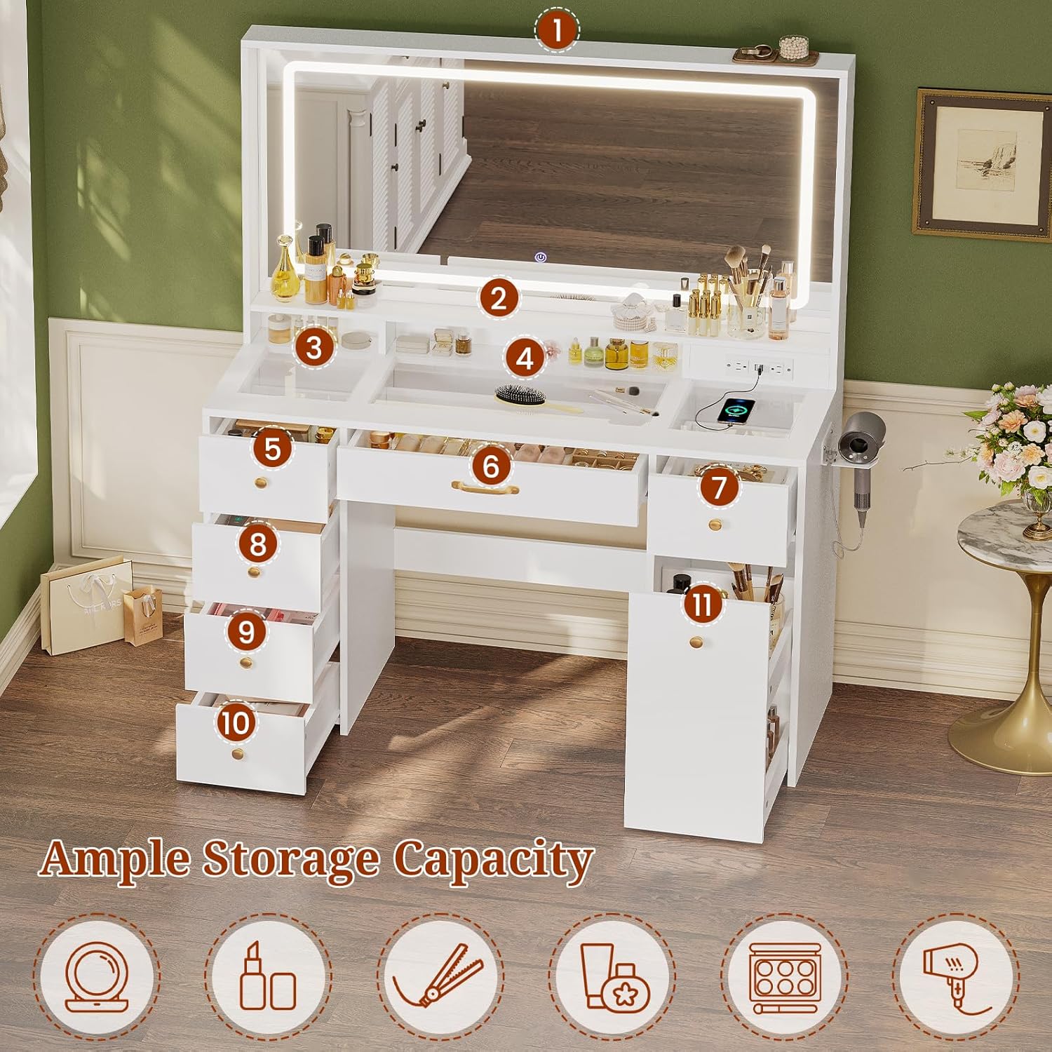 49.3“Large LED Mirror with Lights,Makeup Vanity Desk with 6 Drawers,Power Outlet,Glass Tabletop,Storage Shelf,Rolling Makeup Cart,Hairdryer Rack White