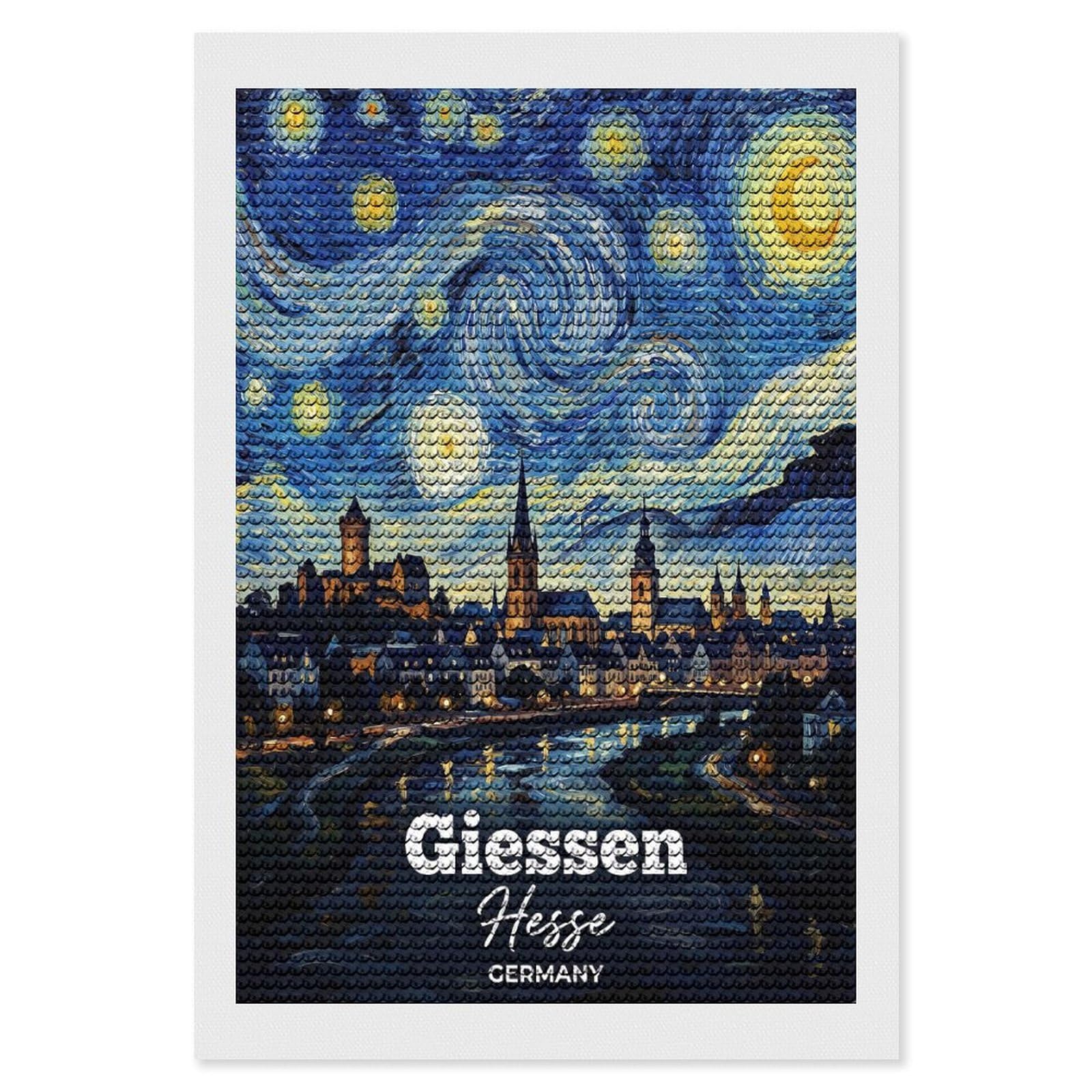 Junmoney Giessen Hesse Germany Starry Night Painting DIY Diamond Art Canvas Kit 8"x12", Farmhouse Decor, Vintage Style Decor, Handmade Wall Decor, Canvas Picture