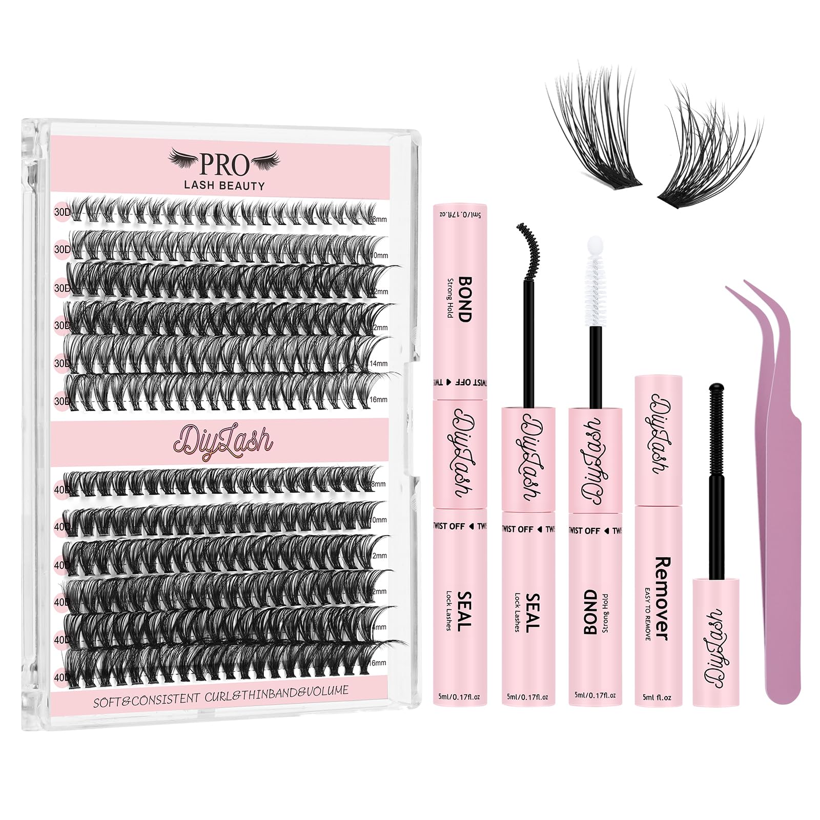 PRO Cluster Lashes Kit Individual Eyelashes 30D+40D Eyelashes Individual Kit 8-16mm Cluster Lashes DIY Lash Extension Natural Eyelash Clusters with Lashes Bond and Seal Lash Tweezers