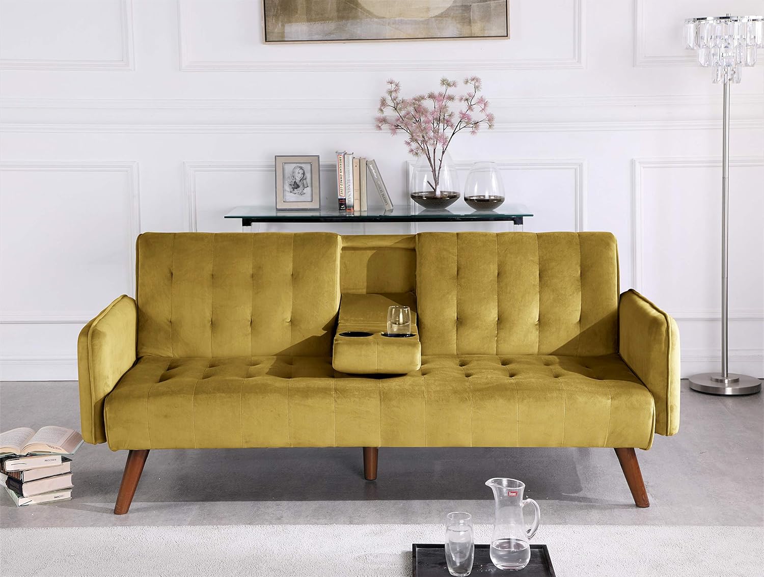 Cricklade Mid Century Modern Velvet Upholstered Futon Sofa Bed, Couches for Living Room with Center Console and Cupholders, Yellow
