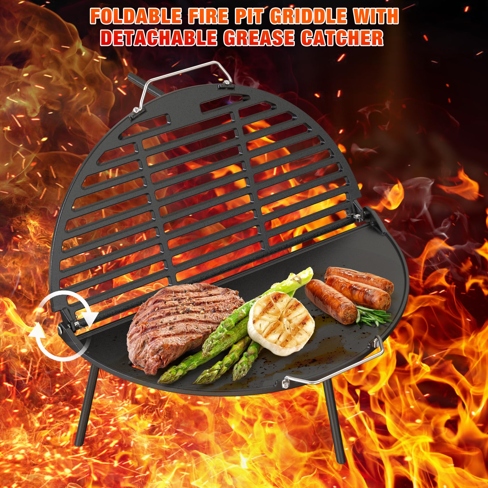 Onlyfire Żeliwna płyta grillowa Solo, bezdymny Bonfire, 49,5 cm, składany grill i płyta grillowa 2 w 1 z kubkiem tłuszczu do grilla na podwórku i na świeżym powietrzu