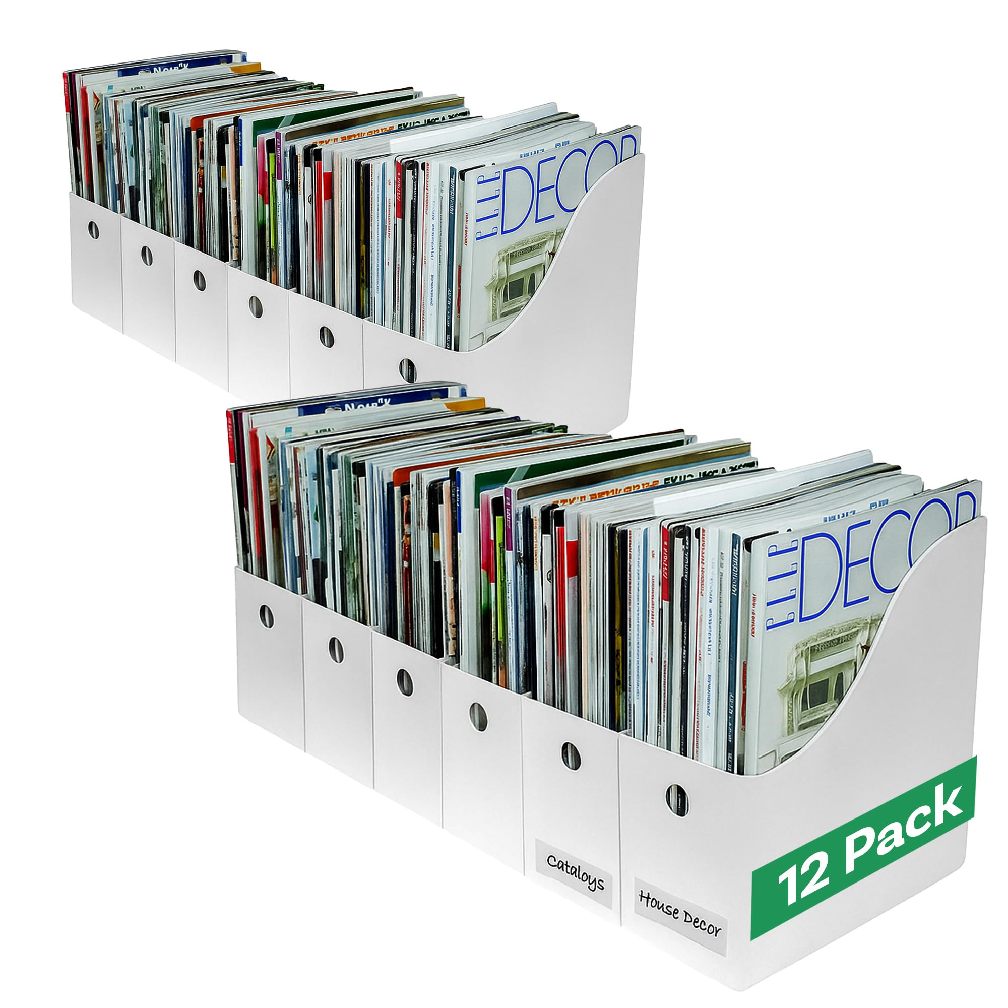 Magazine File Holder - Set of 12 White - Office Desk Organizer - Sturdy Cardboard - New Upgraded Double Front Panel for More Stability - Full 4 Inch Wide - Easy Assemble
