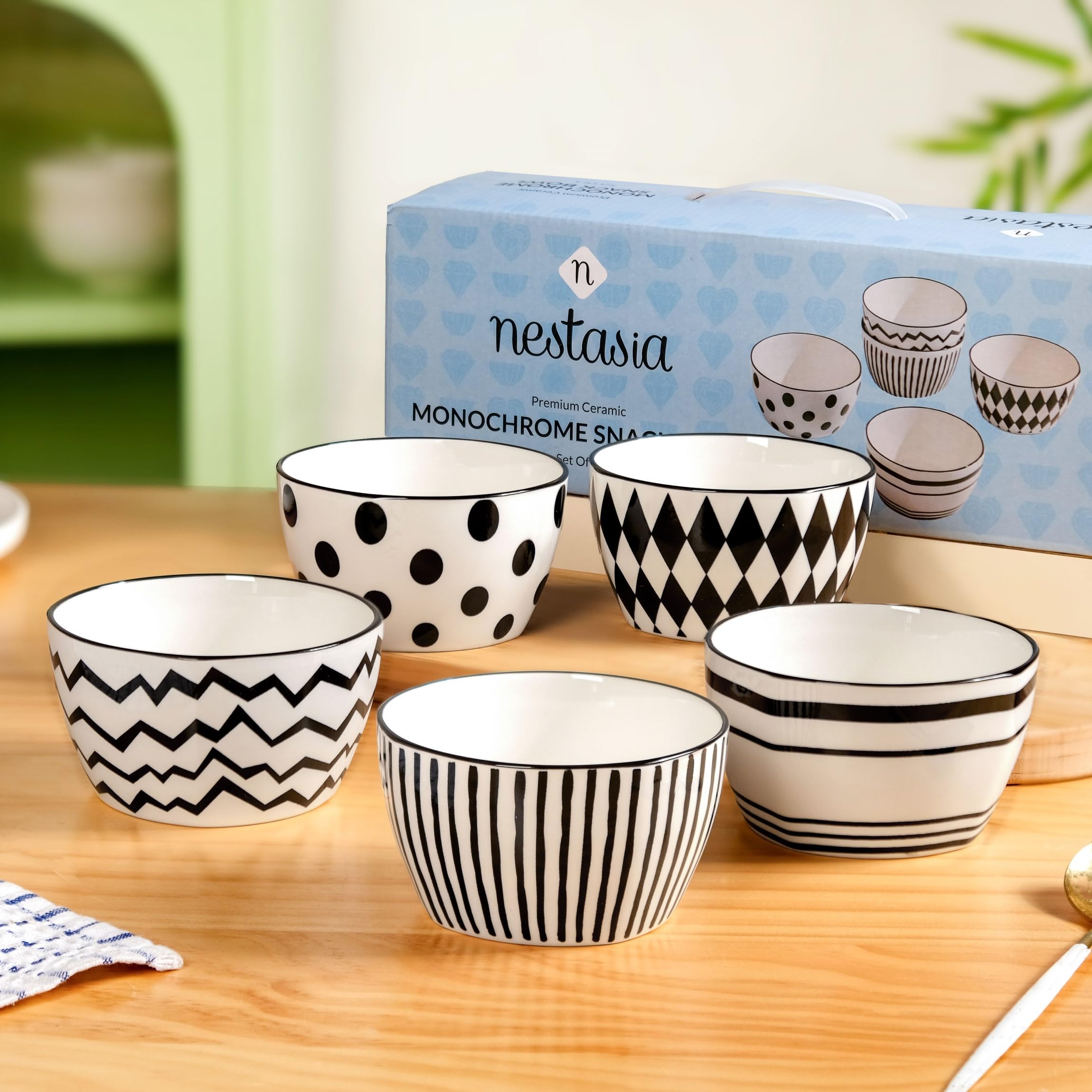 Nestasia Ceramic Snack Bowl Set of 5 (350ml Each) - Dishwasher & Microwave Safe Bowls for Serving Soup, Rice, Dal, & Salad | Black & White Printed Bowls with Glossy Finish - Ideal for Gifting