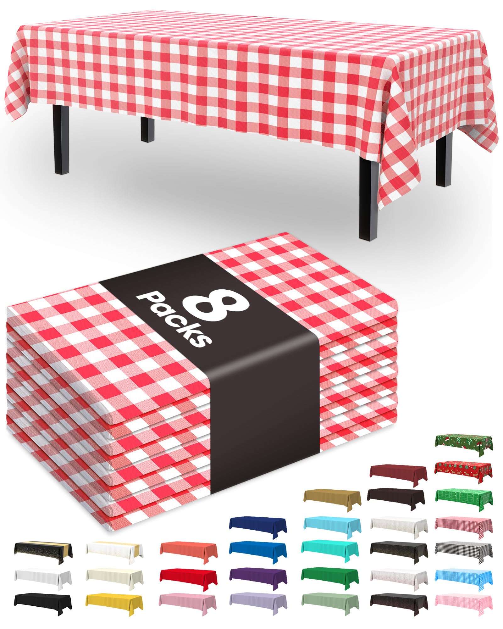 Pureegg Plastic Table Cloth Disposable 8 Pack, 54 x 108 Inch Table Cloths, Party, Picnic, Decorative Gingham Tablecloths, Rectangle, Red and White Checkered Cover, Leakproof &amp; Sturdy, Red Plaid