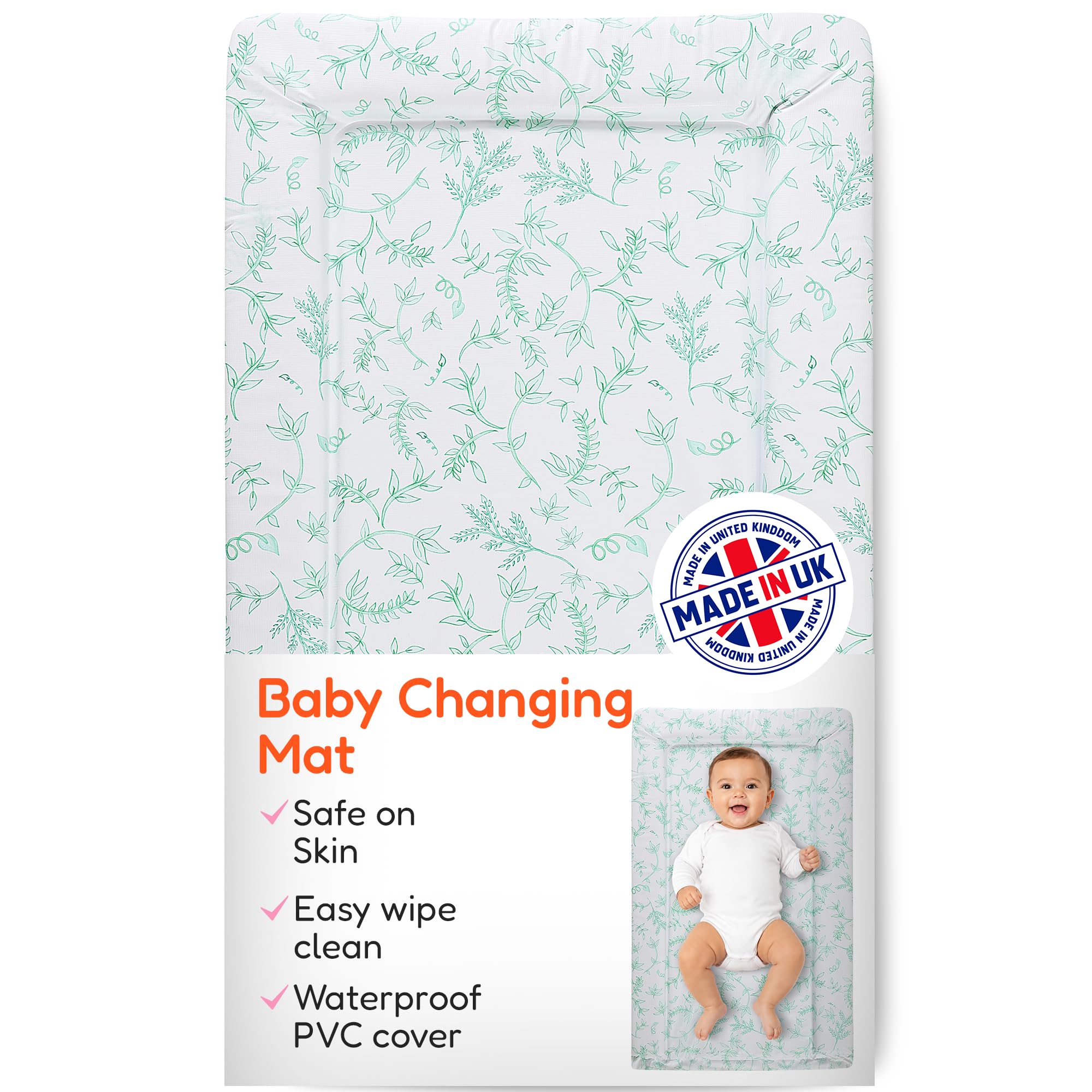 Babycurls Baby Wickelunterlage mit Schaumstoff, erhöhte weiche Kanten, für Babys ab der Geburt nach oben, abwischbare und wasserdichte Windelwechselunterlage, 76 x 45 cm (grüne Blätter)