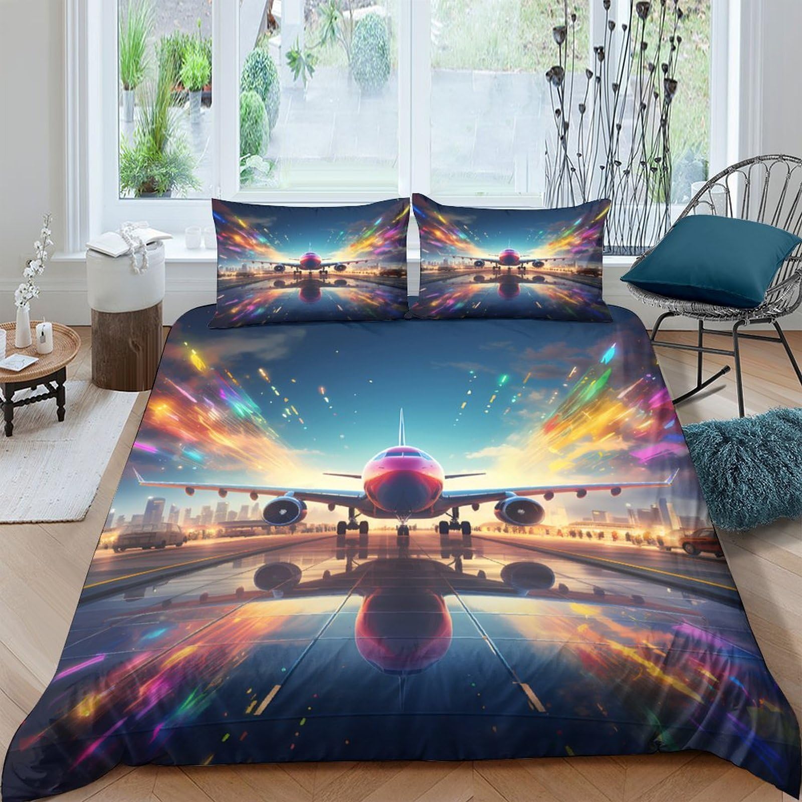 Ctjqhvkz Style-9 3D Printed Sunset Airplane Fitted Sheet Microfiber Soft Breathable Colorful Runway Bed Cover For Bedroom Decor Single（135X200cm）