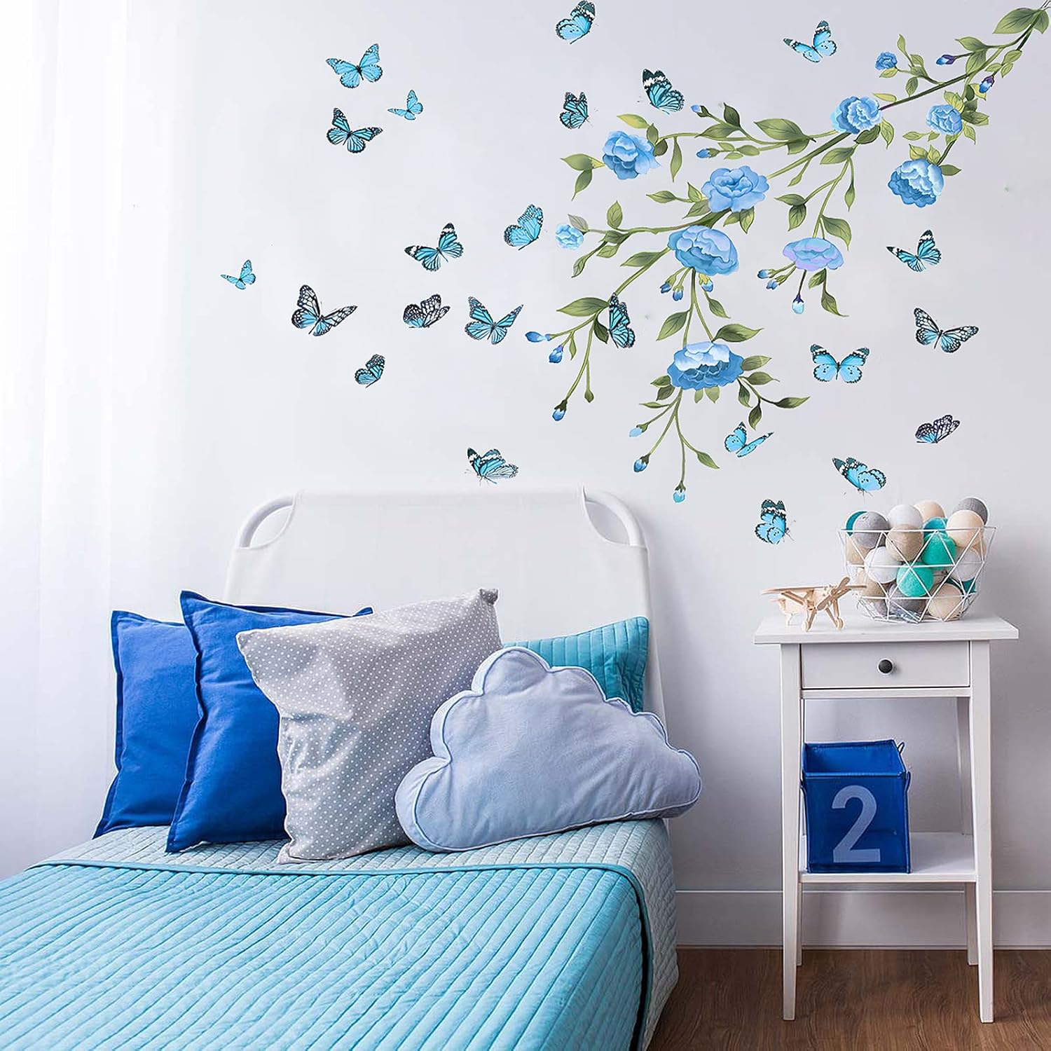 Flower Wall Decals Tree Branch Wall Stickers Peel and Stick Removable DIY Floral Butterflies Wall Decals Tree Leaves Plant Wall Art Stickers Murals for Home Wall Decor (Blue)