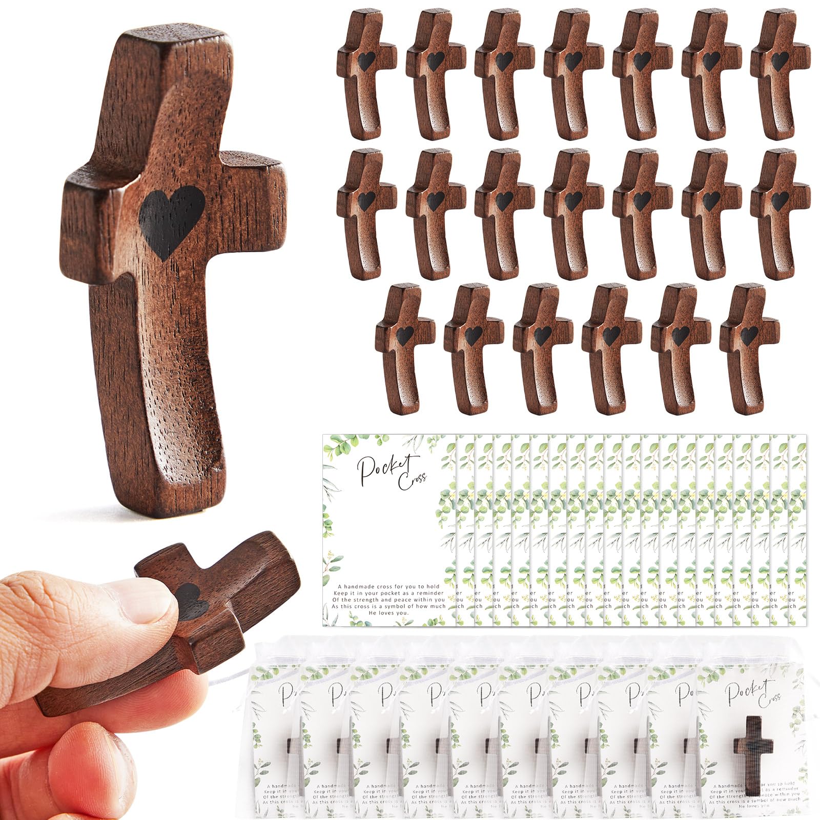 Photo 1 of 20 Set My Heart Cross Bulk Wooden Handheld Pocket Cross Fidget With Card Organza Bag Easter Christian Encouragement Gift Small Fingertip Stress Relief Religious Craft for Prayer Church(Dark Color)