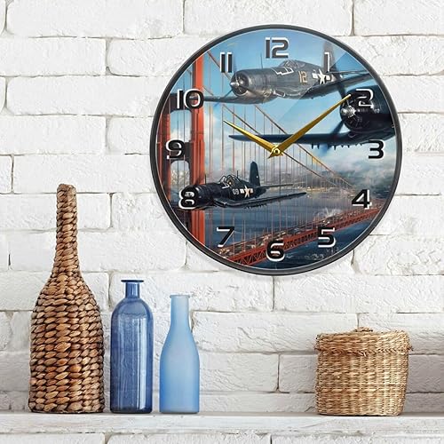 Miniatura 4 de Reloj de pared redondo de 12 pulgadas con diseño de bombardero de la Segunda Guerra Mundial, funciona con pilas, estilo rústico y único, reloj