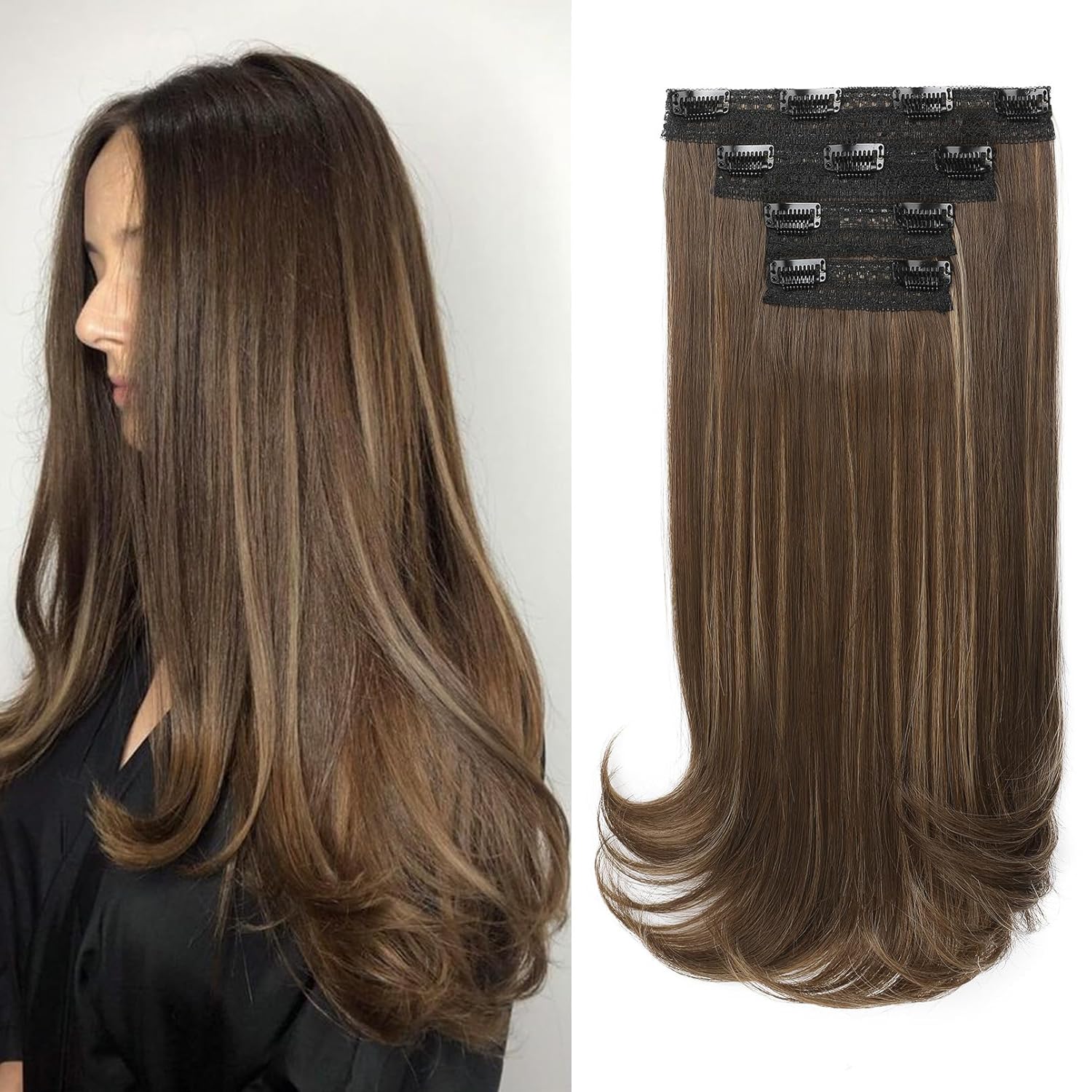 Clip in Hair Extensions, 4PCS 16 Inch Clip in Extensions for Women Layered Cut Natural Lightweight Hairpieces with Thinner Softer Invisible Weft – Chocolate Brown with Highlights