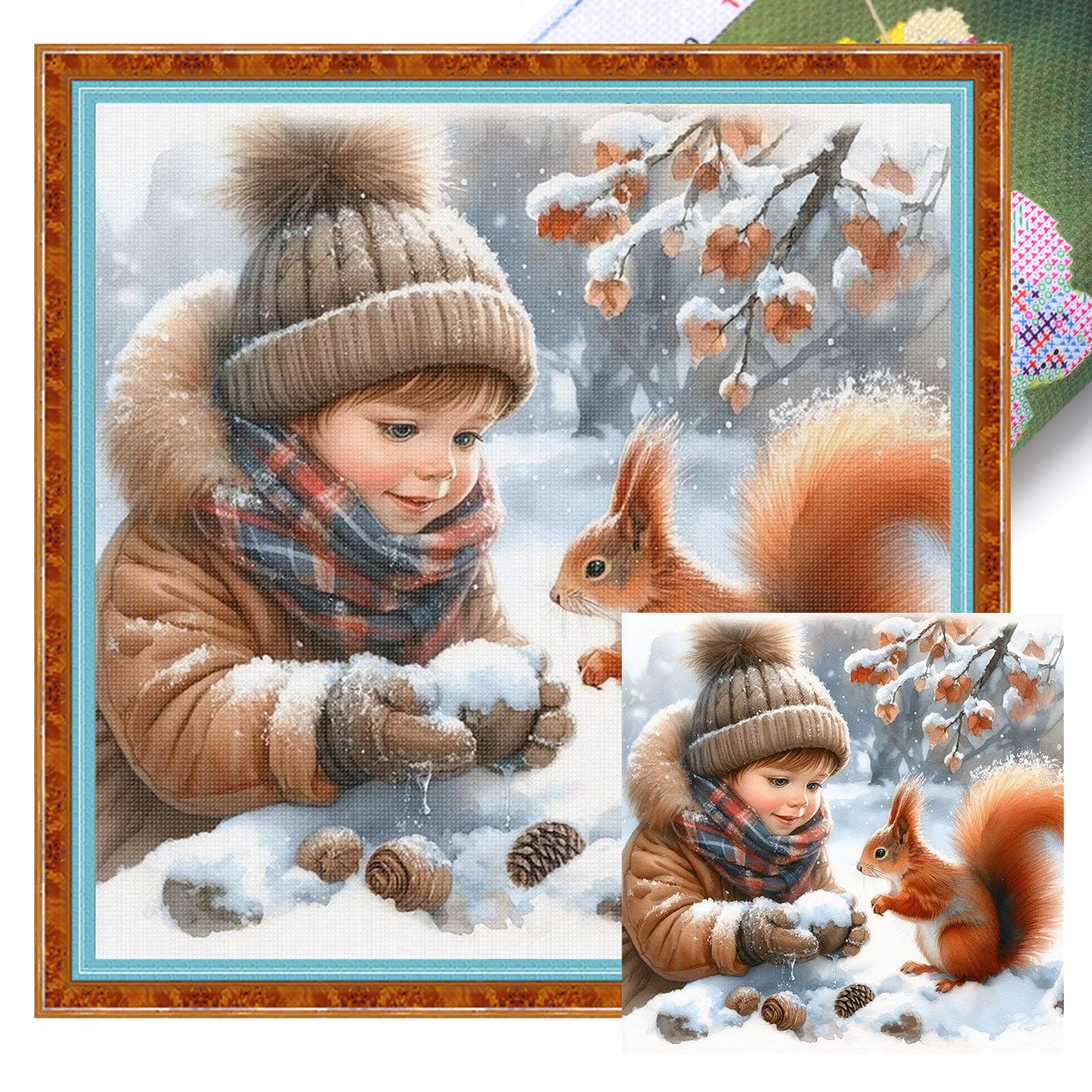 Poetrydraw Boys And Squirrel And Squirrel Full 11Ct 3 Strand Diy Stamped Home Cross Stitch Kit 45X45cm ( And Squirrel)