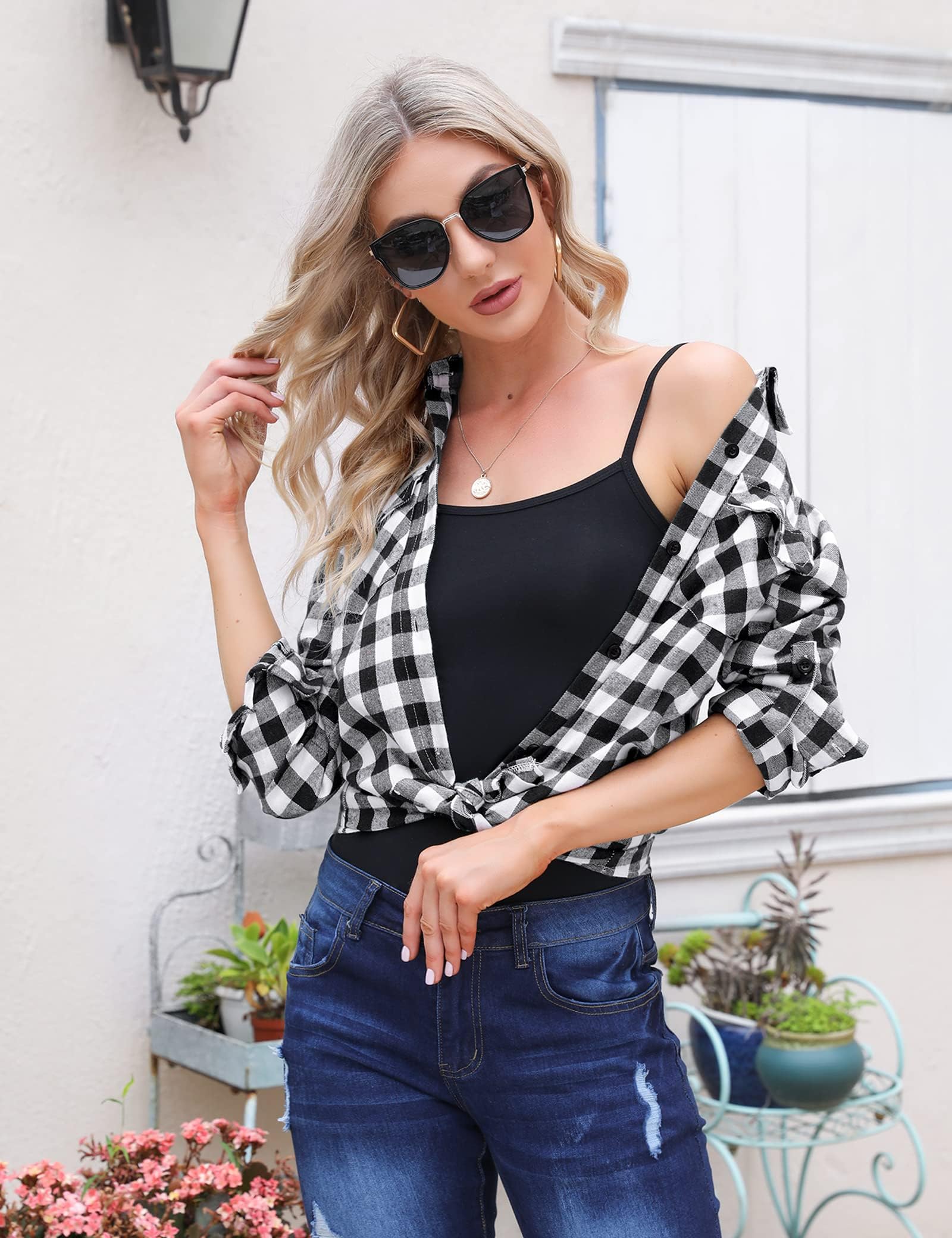 Aottori Camicia Donna a Quadri in Cotone Blusa Maniche Lunghe Camicetta Scozzese con Bottoni Camicie Flanella Classico Shirts Casual